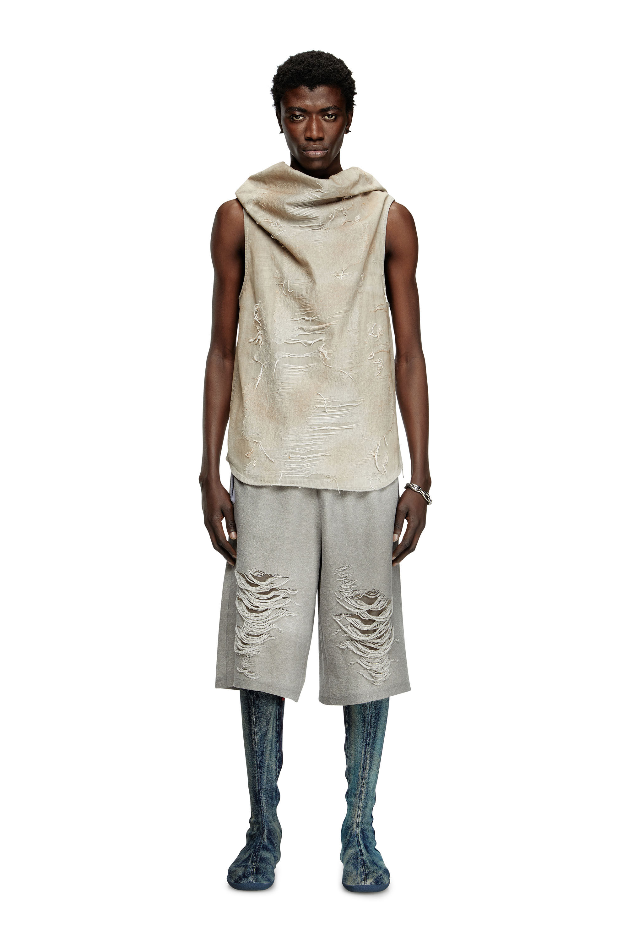 Diesel - D-TASTON-FSG, Camiseta sin mangas en tejido jacquard vaquero micro-destruido Hombre in Gris - 1