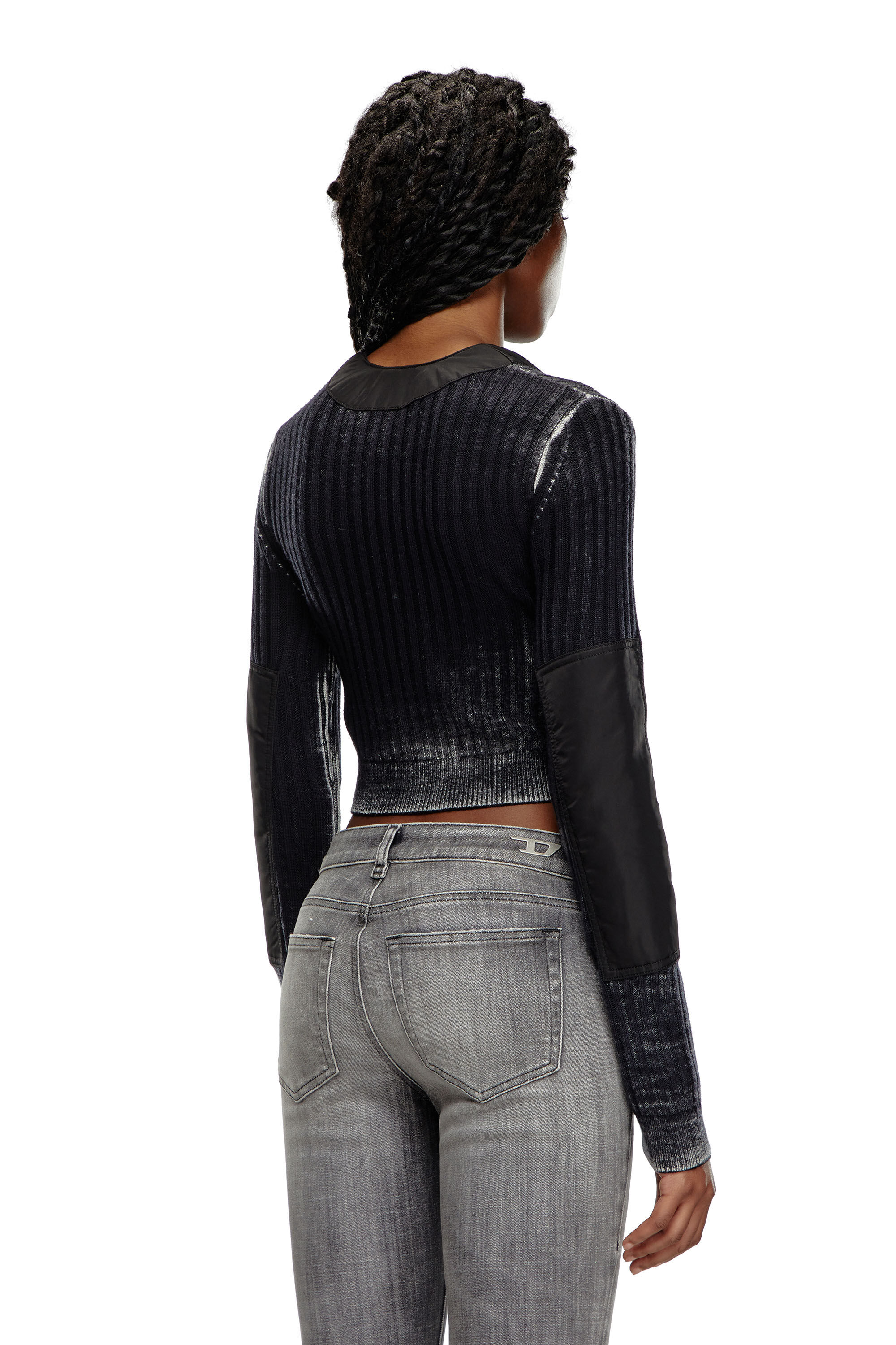 Women's Cropped wool cardigan with nylon trims | Black | Diesel