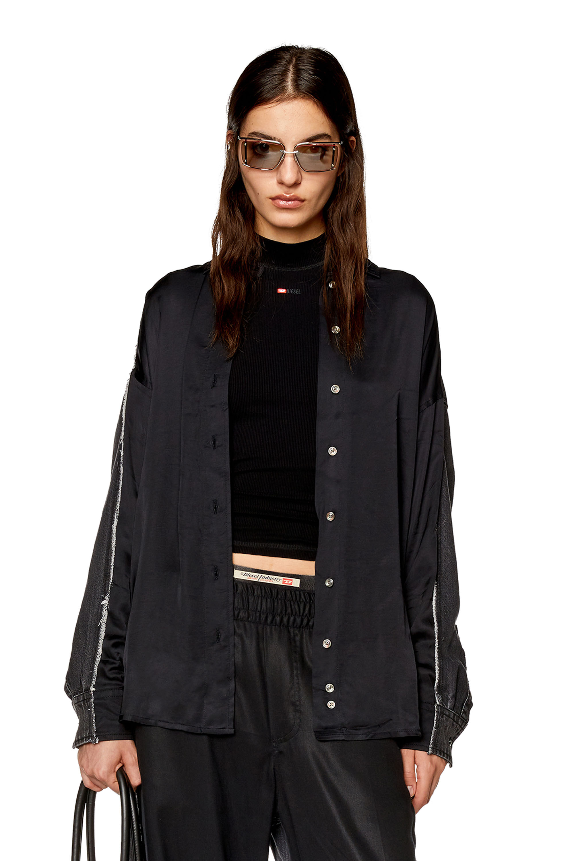 Diesel - S-DOU-DNM-FL, Camisa de satén y denim Mujer in Negro - 3
