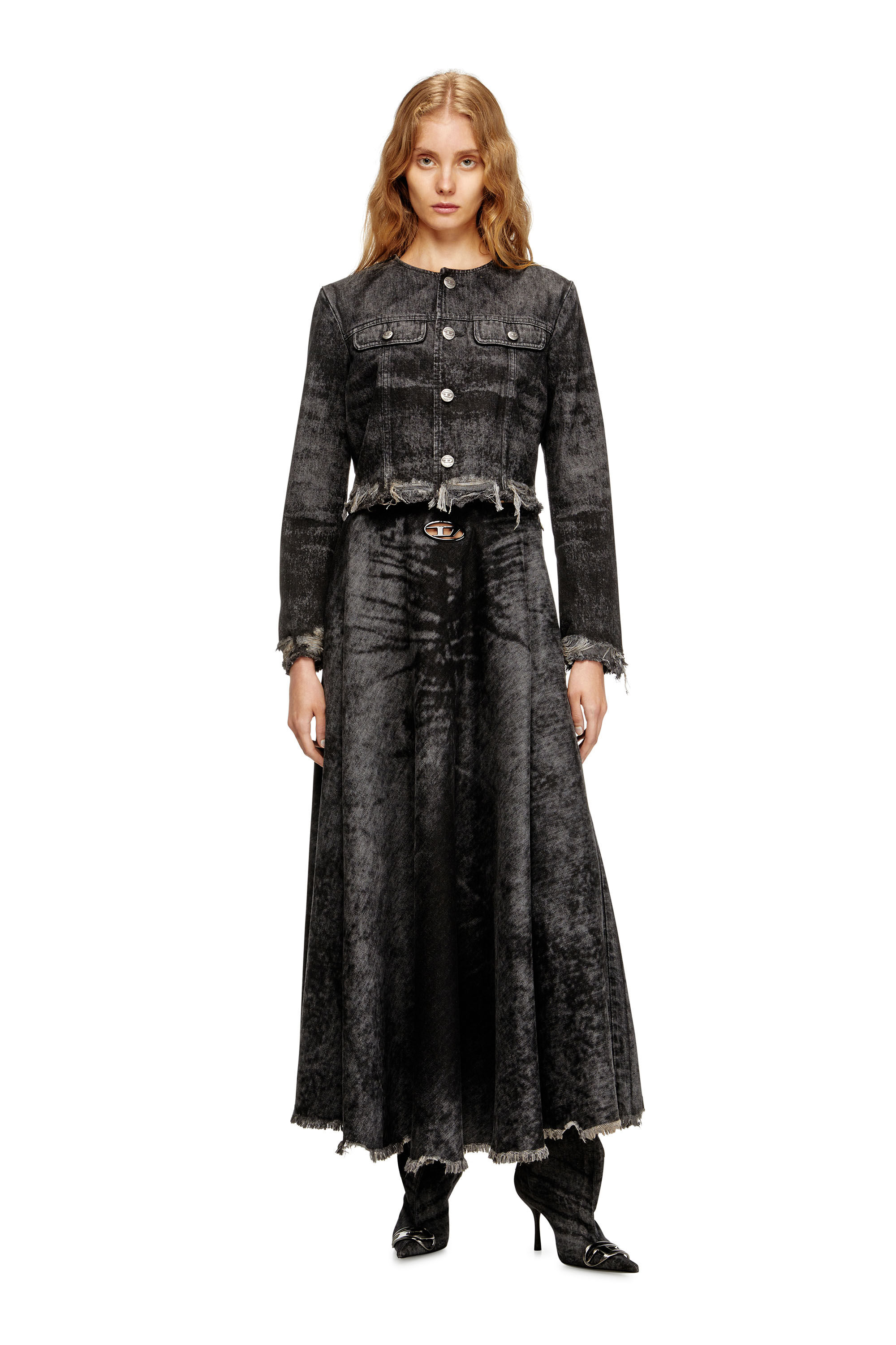 Diesel - DE-HANNIE-FSH, Falda amplia en denim de algodón y cáñamo grabado con láser Mujer in Negro - 1