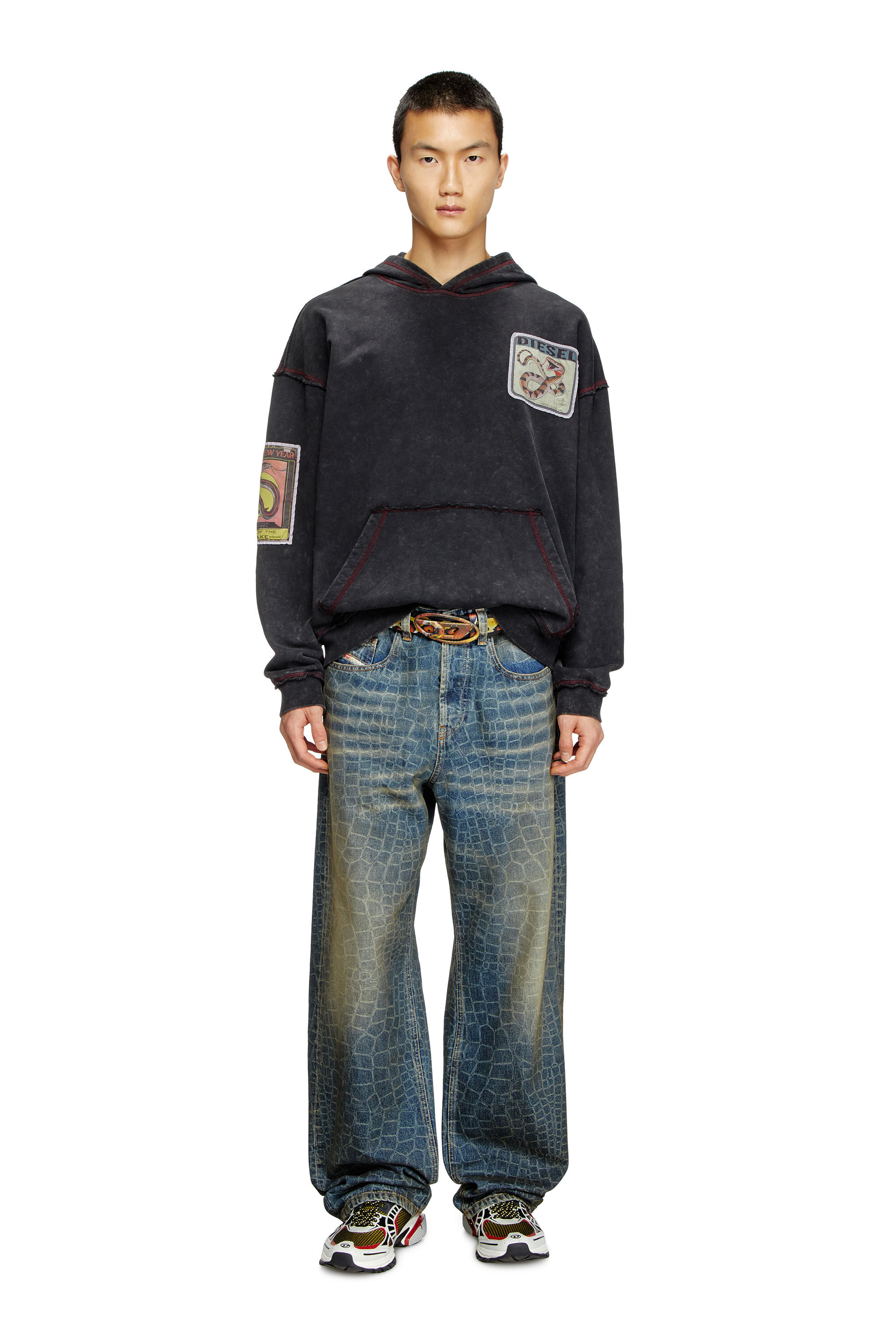 Women's Treated hoodie with snake patches | Black | Diesel