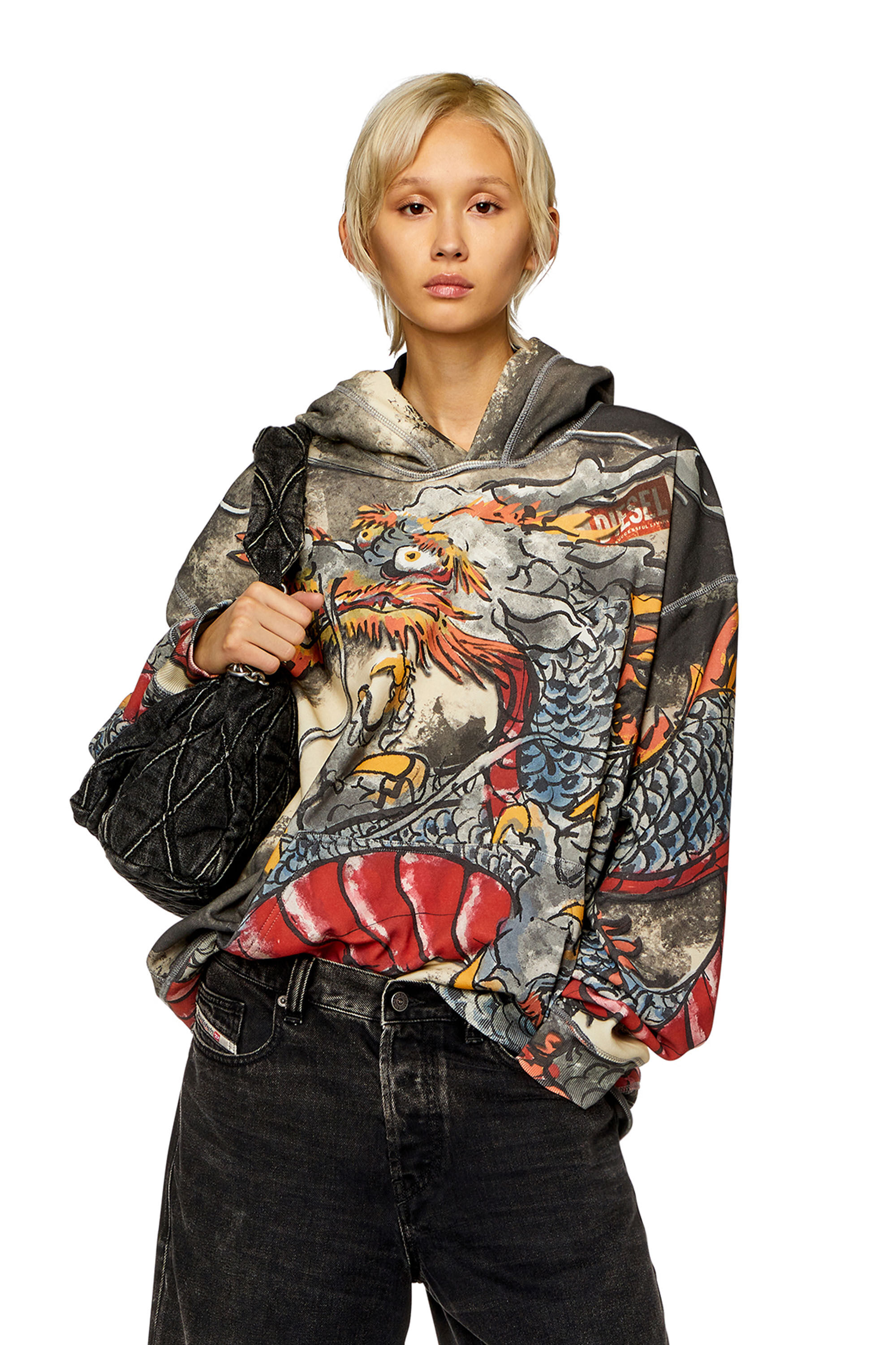 Diesel - CL-S-BOXT-HOOD-DRAGON, Unisex's Hoodie with Dragon print in Black/Grey - 7