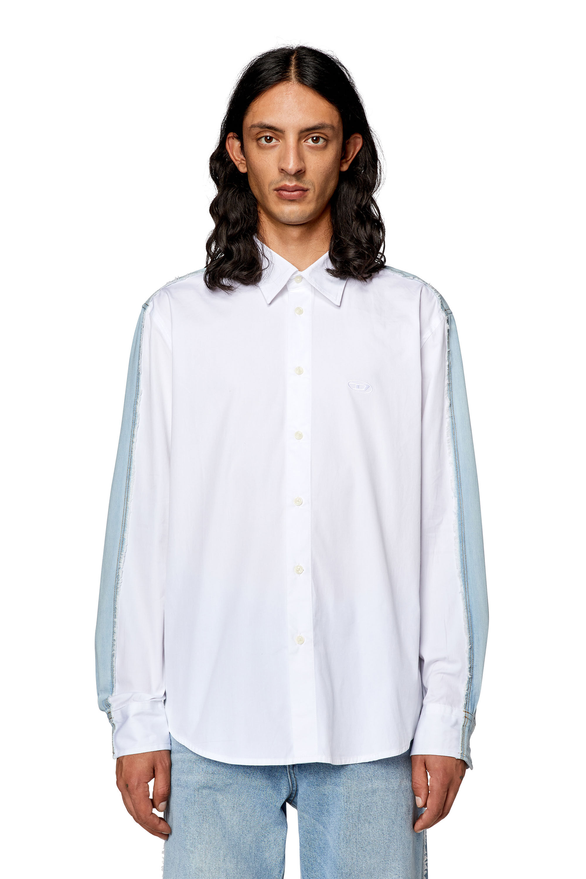 Men's Shirt in poplin and raw-edge denim | White | Diesel