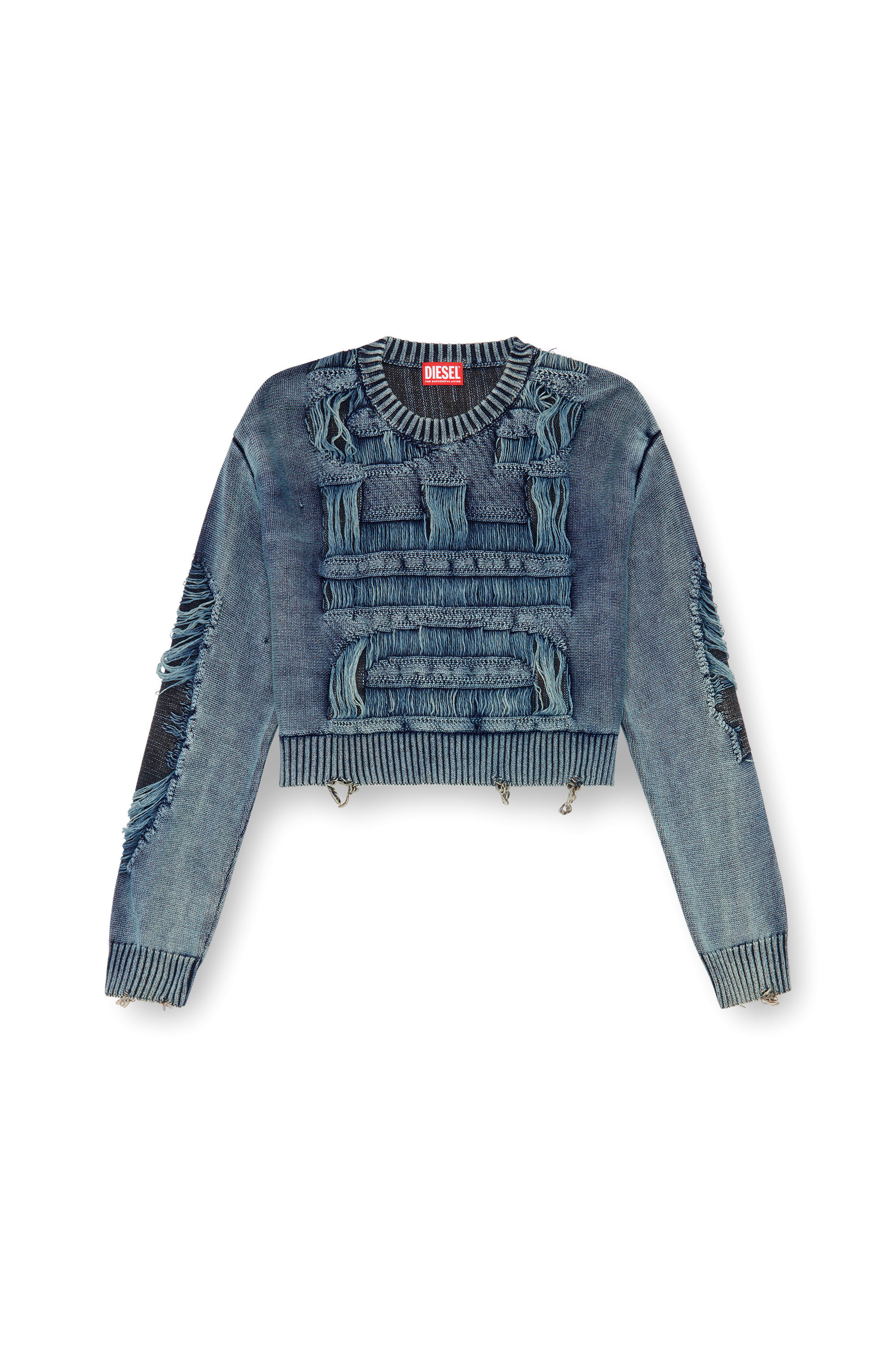 Women's Destroyed jumper with floating yarn logo | Blue | Diesel