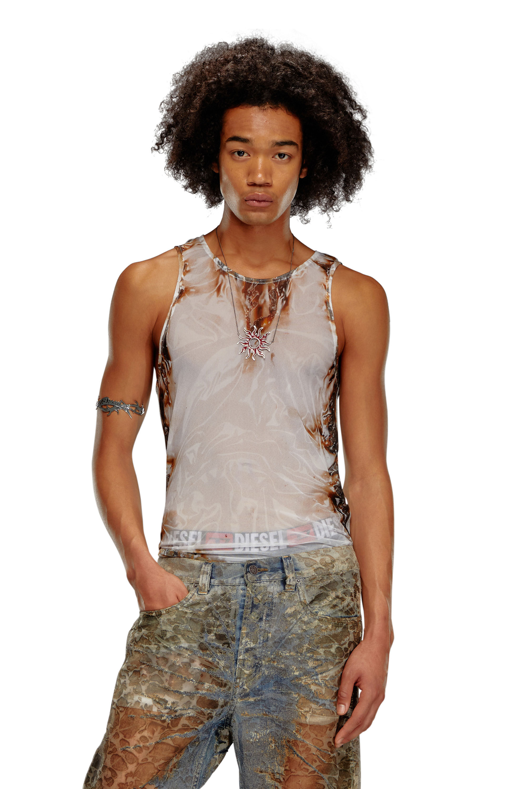 Men s Tulle tank with burning plastic print Grey Diesel