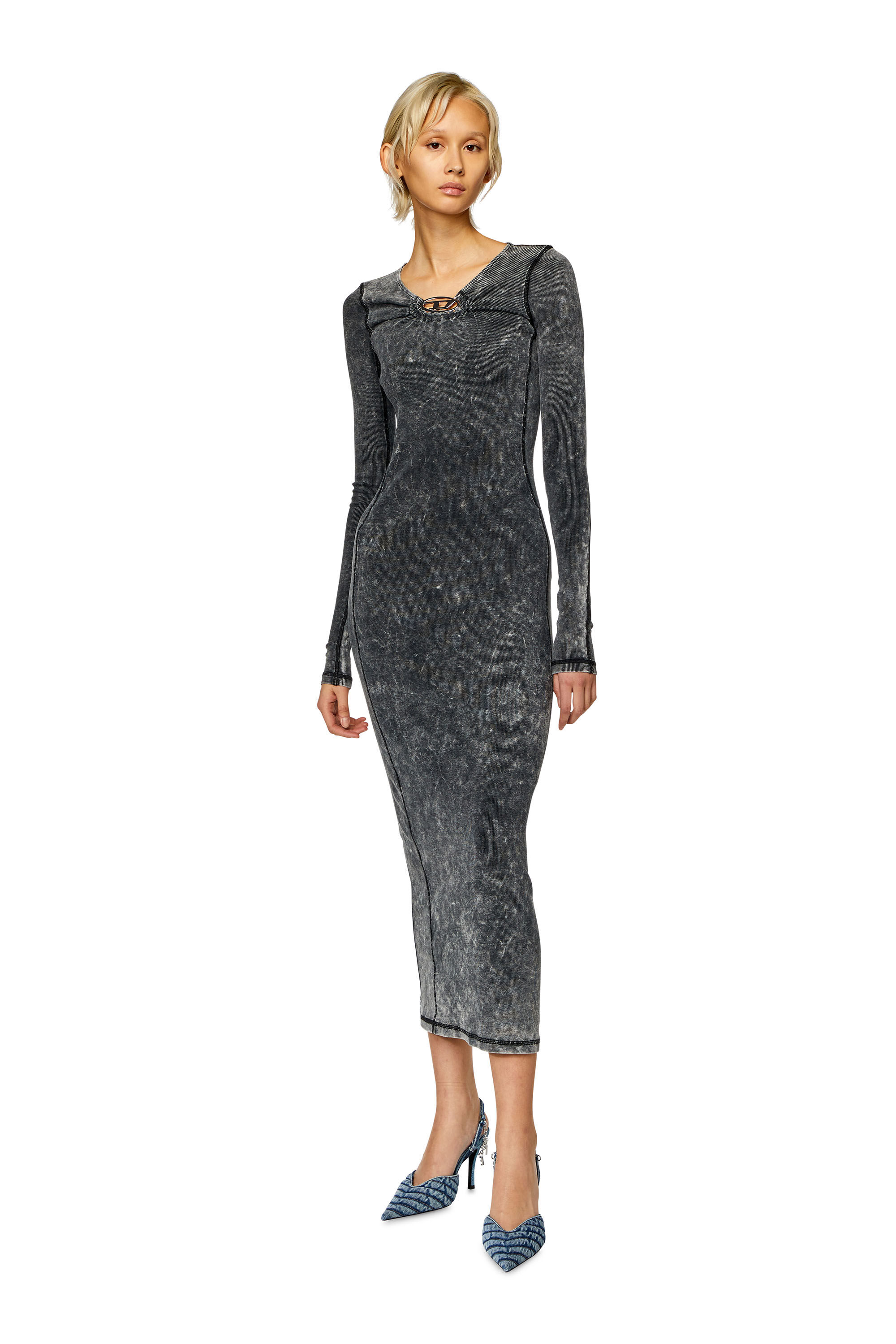 Women's Ribbed midi dress with oval D plaque | Grey | Diesel Women's Ribbed midi dress with oval D plaque | Grey | Diesel