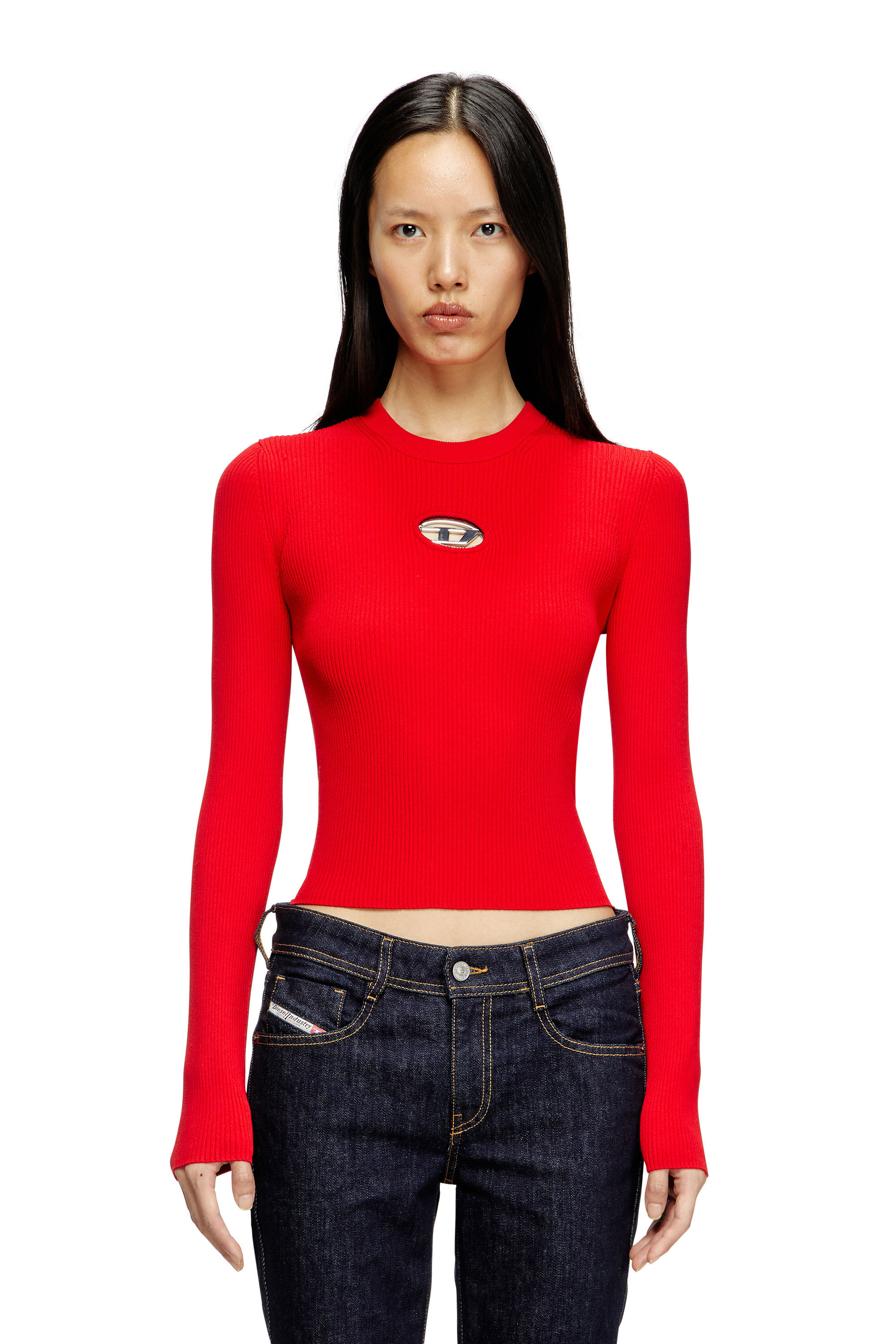 Women's Rib-knit viscose-blend top with Oval D | Red | Diesel