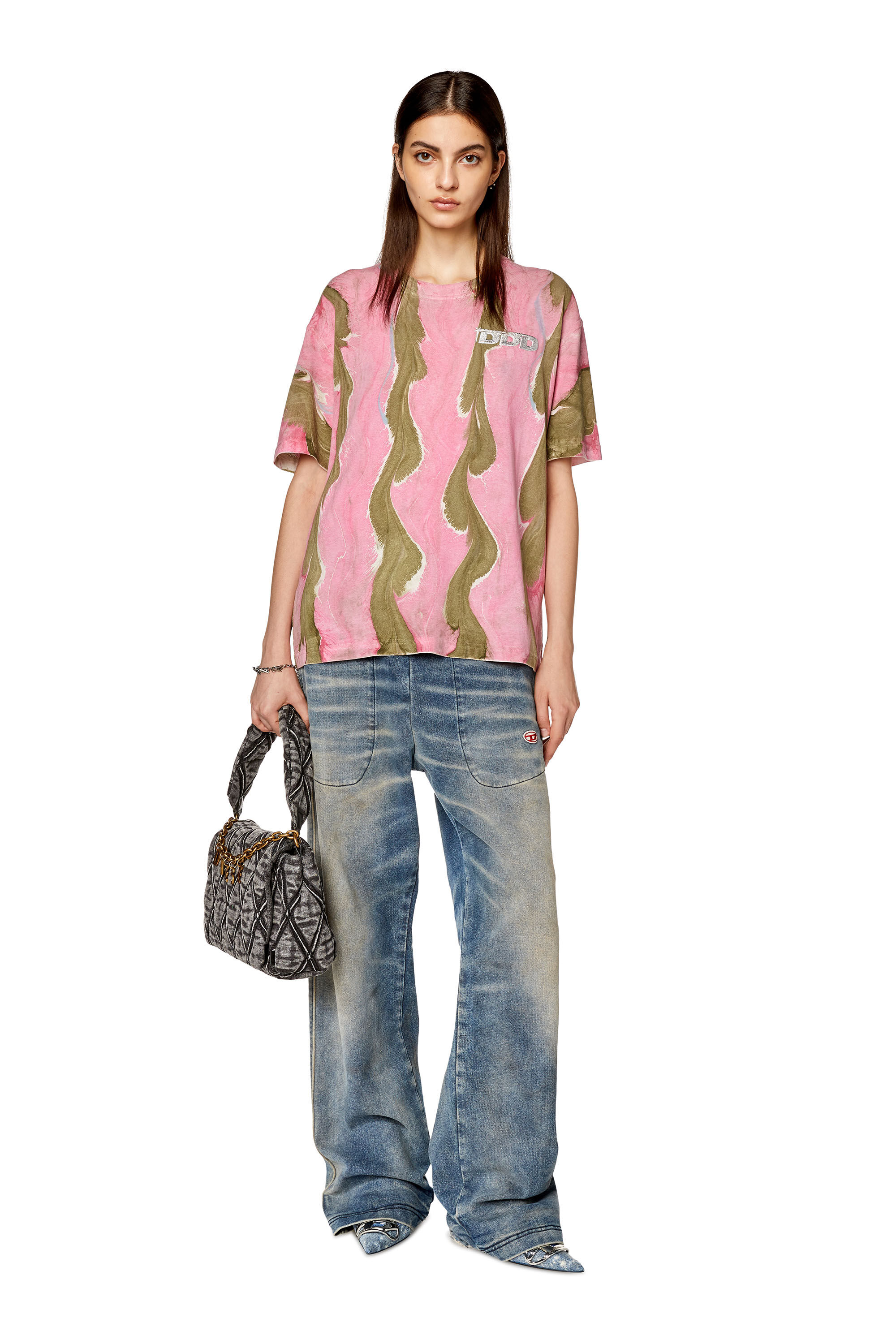 Diesel - T-DANNY-L3, Woman's T-shirt with swirly print in Green/Pink - 1
