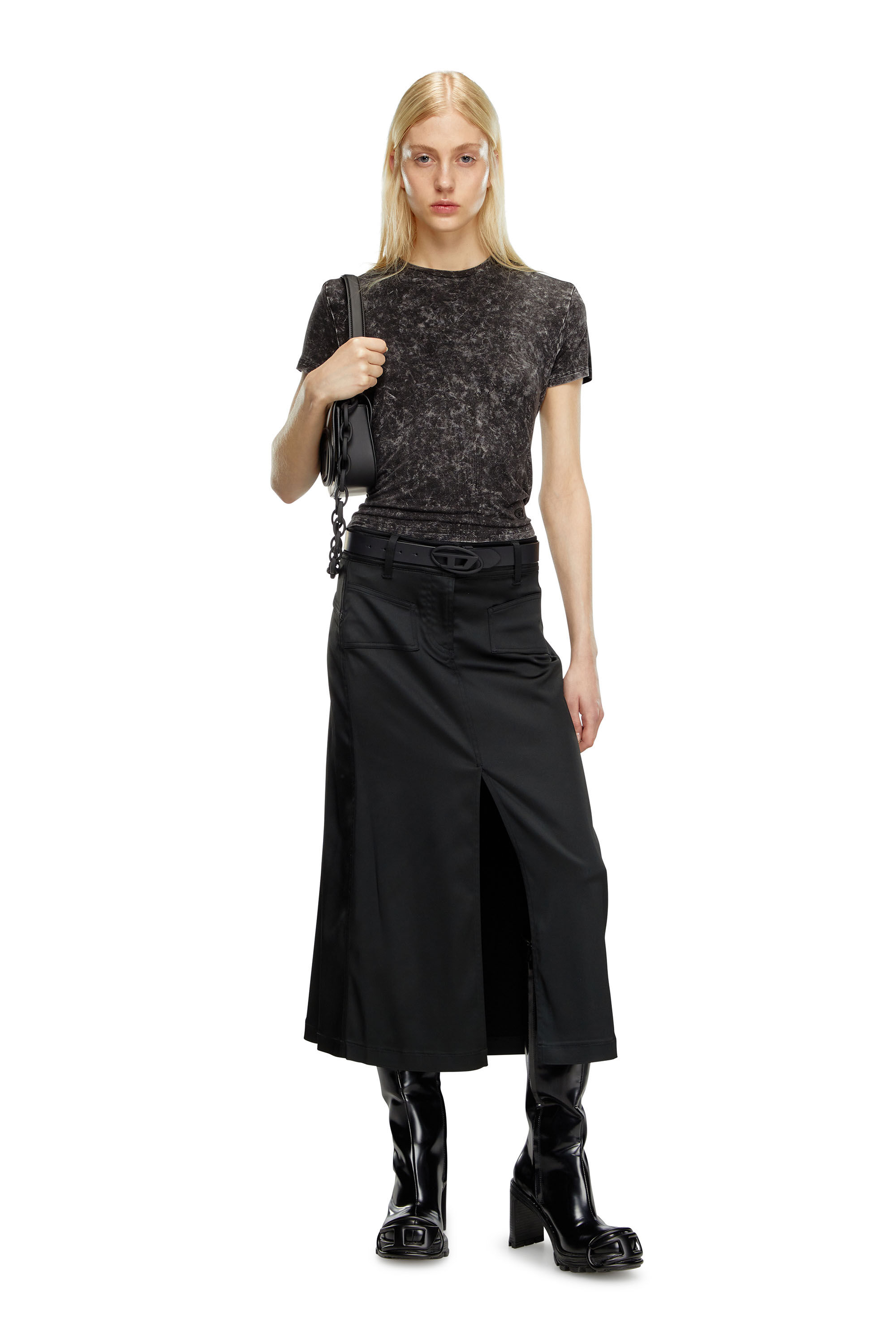 Diesel - T-MEZZO, Camiseta híbrida de tejido y satén Mujer in Negro - 1
