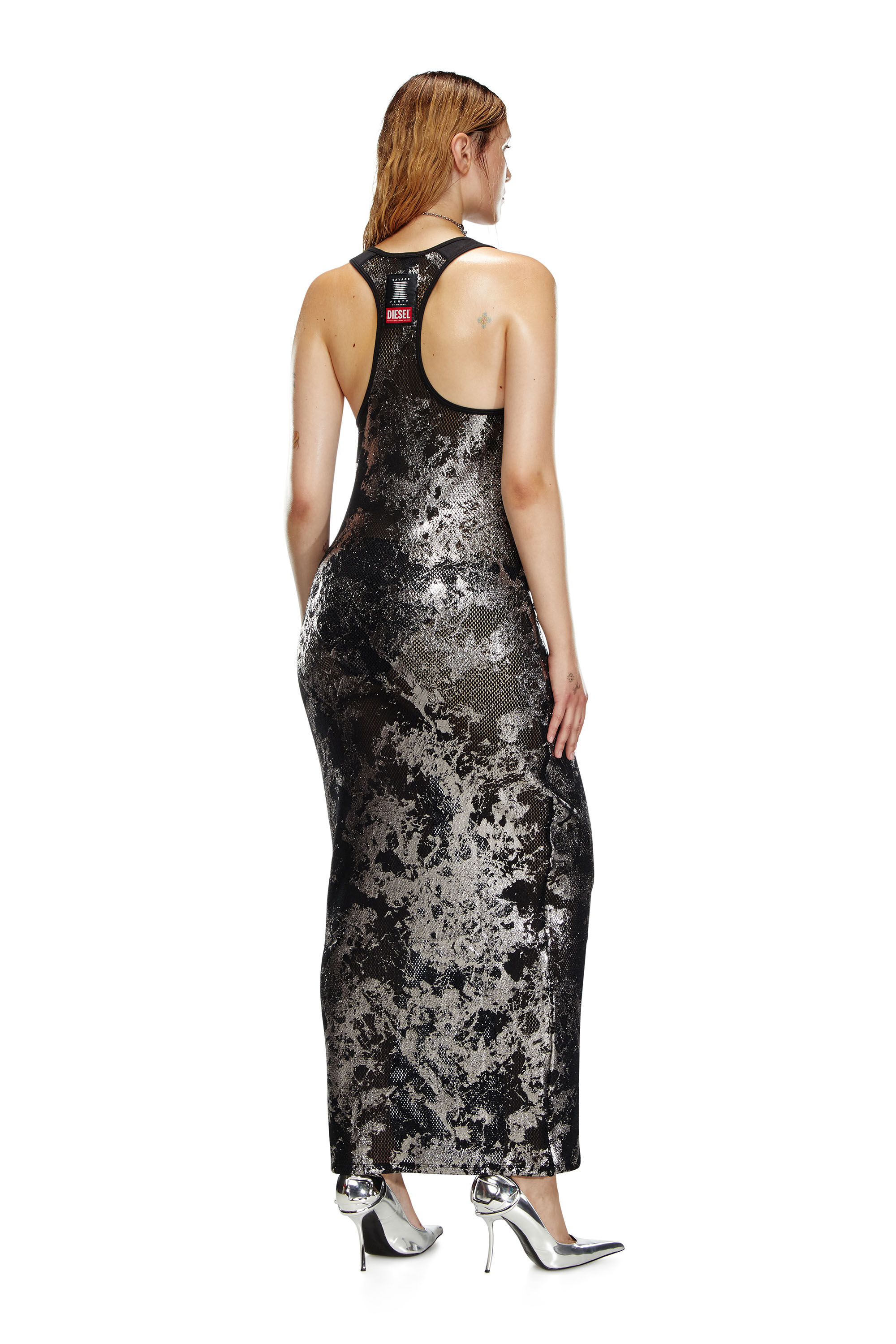 Diesel - C-FINISHNET-SLEEP-SLIP, Vestido lencero largo de malla metalizada Mujer in Negro - 1
