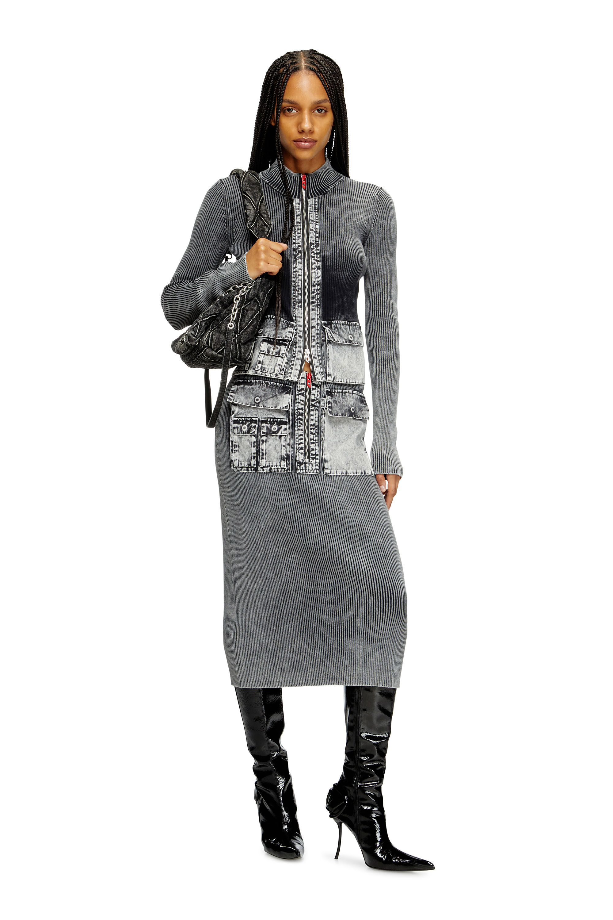 Diesel - M-MERYN, Falda midi tejida con bolsillos cargo de denim Mujer in Gris - 1