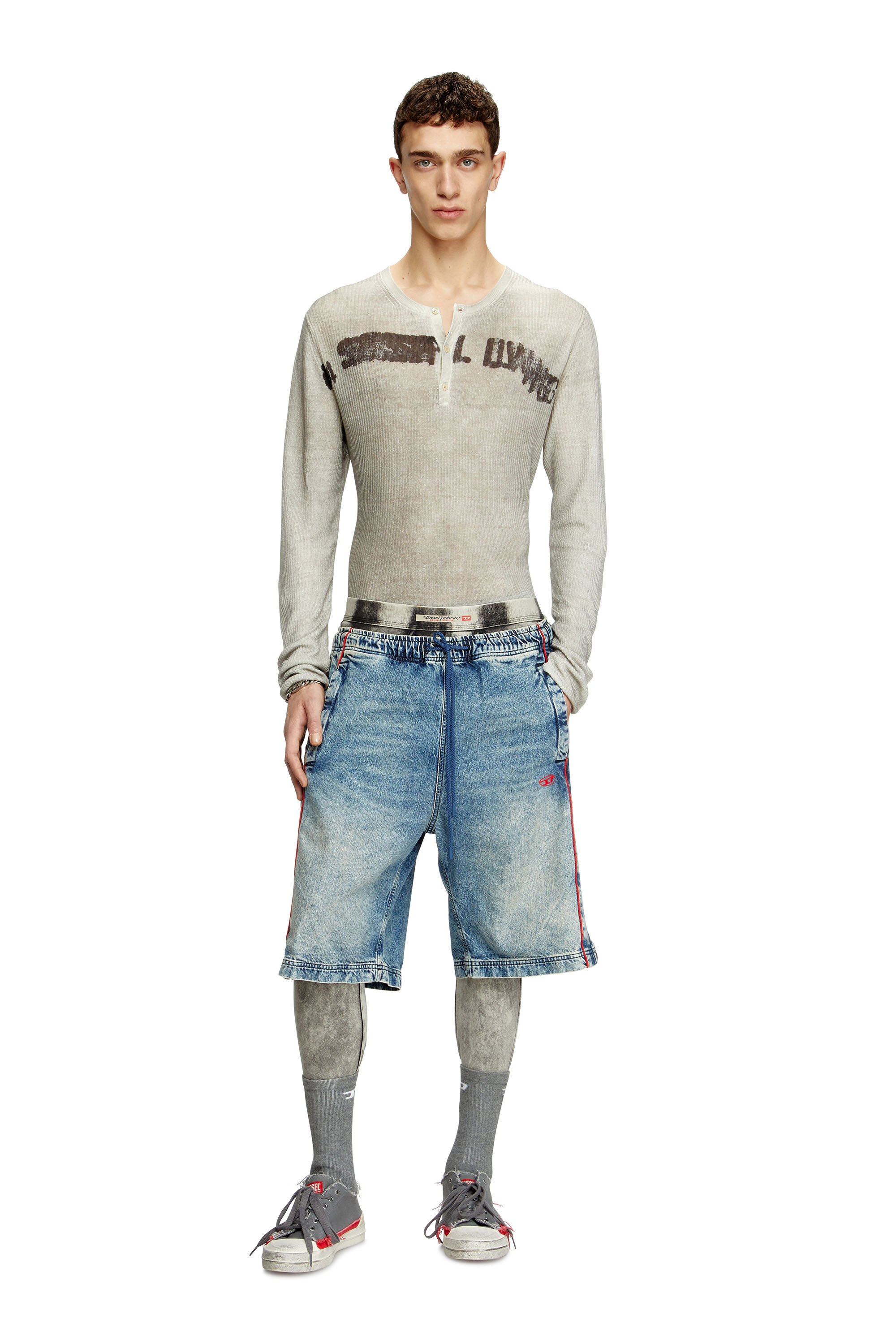 Diesel - K-ROBBY, Suéter Henley con efecto desgastado en lino Unisex in Beige - 1