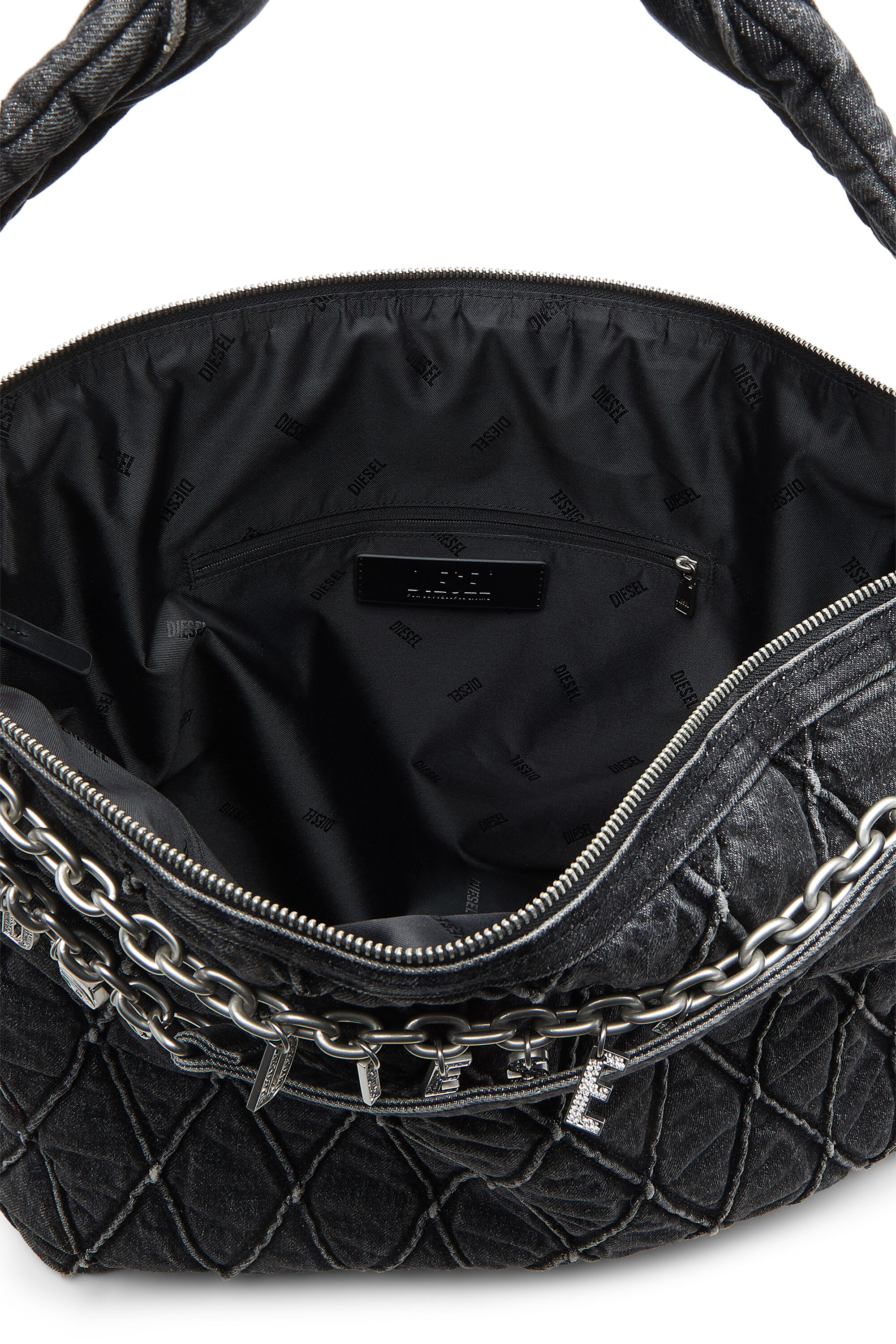Diesel - HOSHI CHARM-D HOBO, Woman's Quilted-denim hobo bag with chain charms in Black - 2