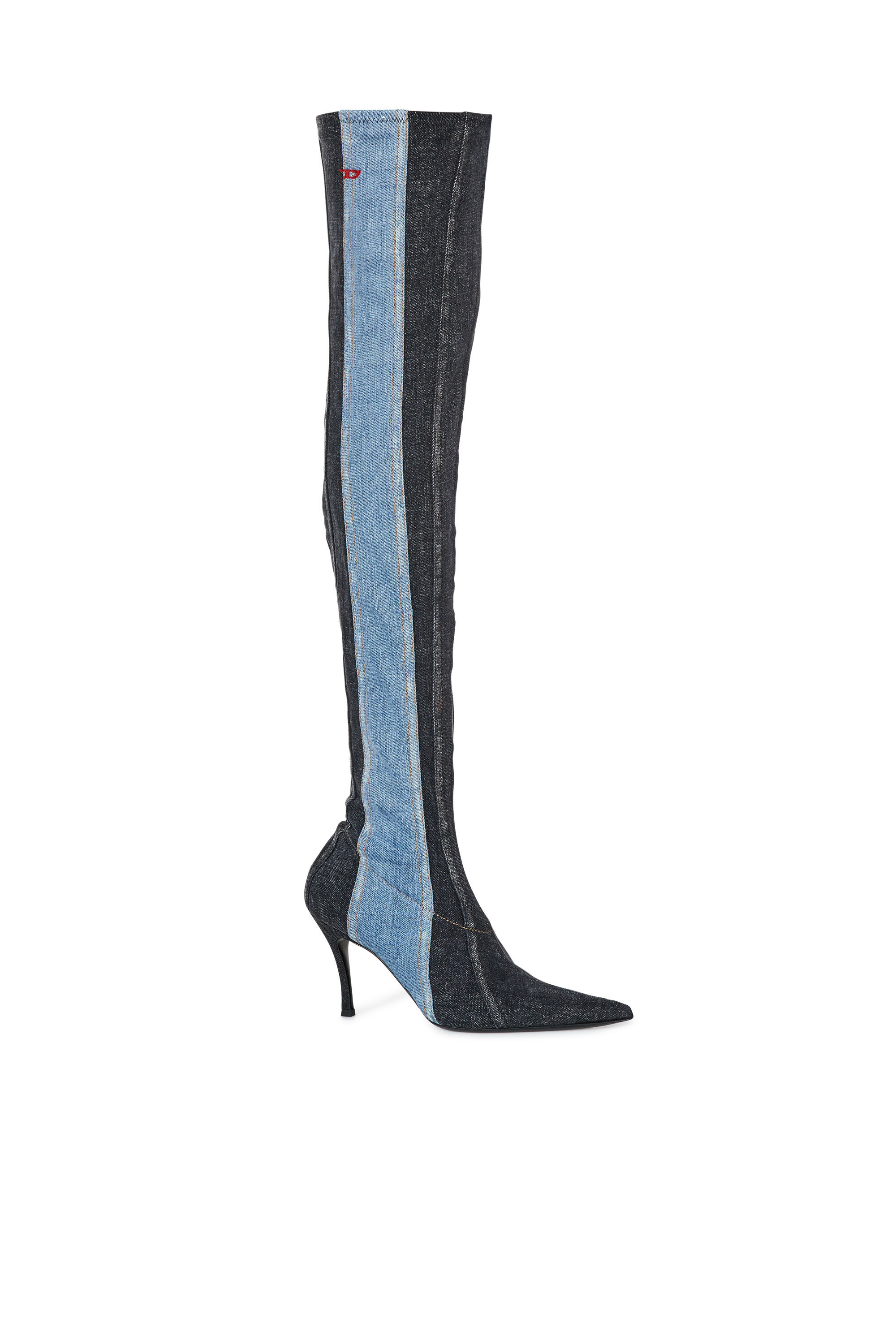 Black denim best sale thigh high boots