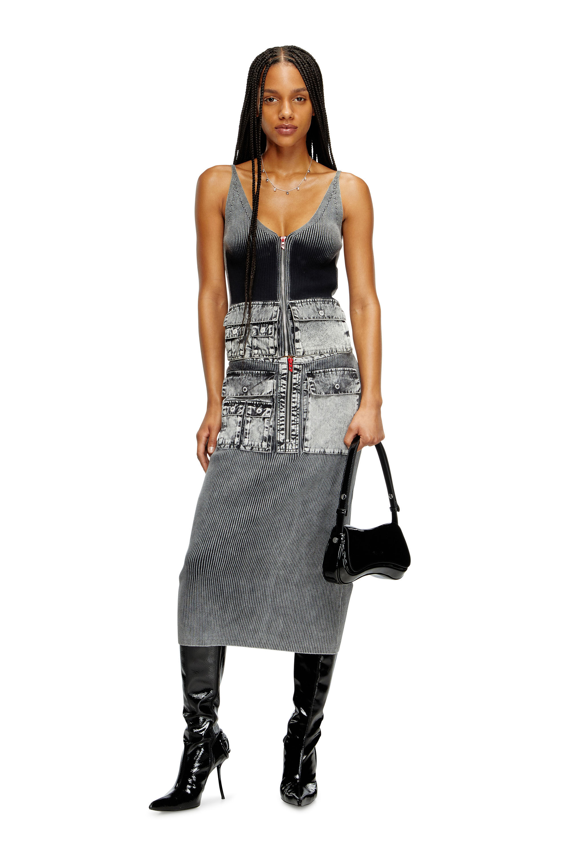 Diesel - M-MELLY, Camiseta tejida con tirantes y bolsillos cargo de denim Mujer in Gris - 1