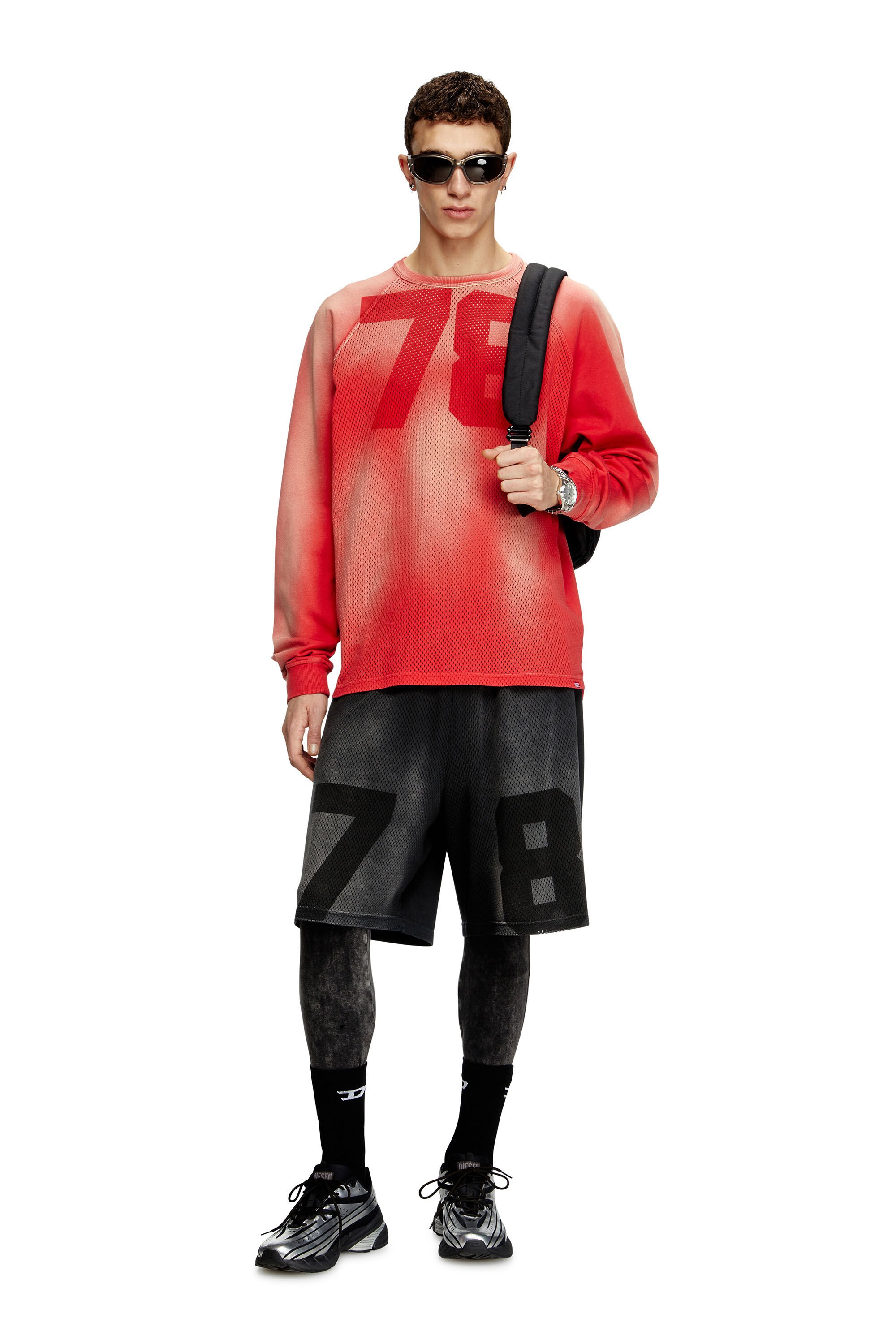 Diesel - T-ROXTER-LS-MESH, Camiseta descolorida de manga larga con parte delantera de malla Hombre in Rojo - 1