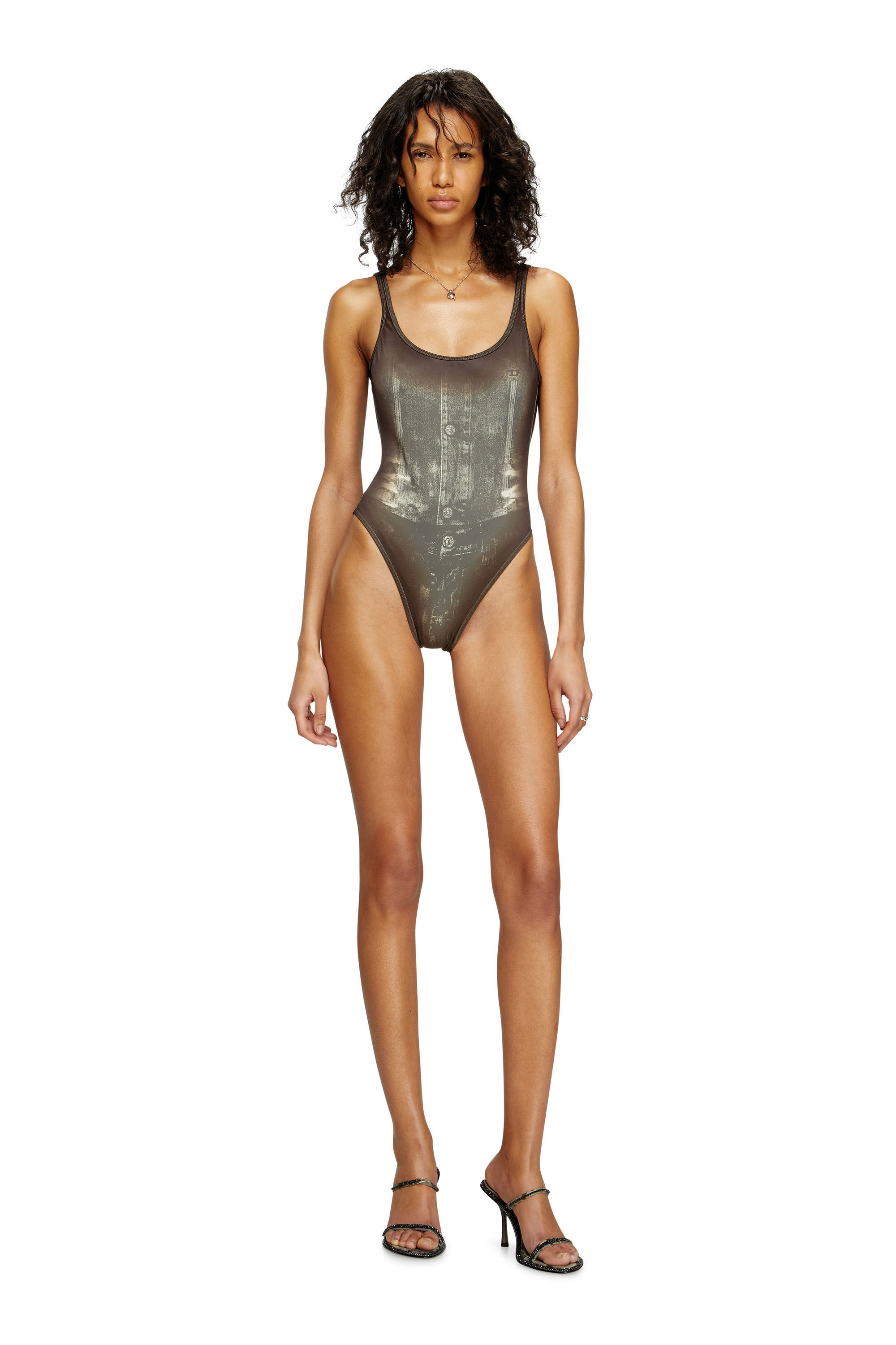 Women's Swimsuit with trompe l'oeil denim print | Brown | Diesel