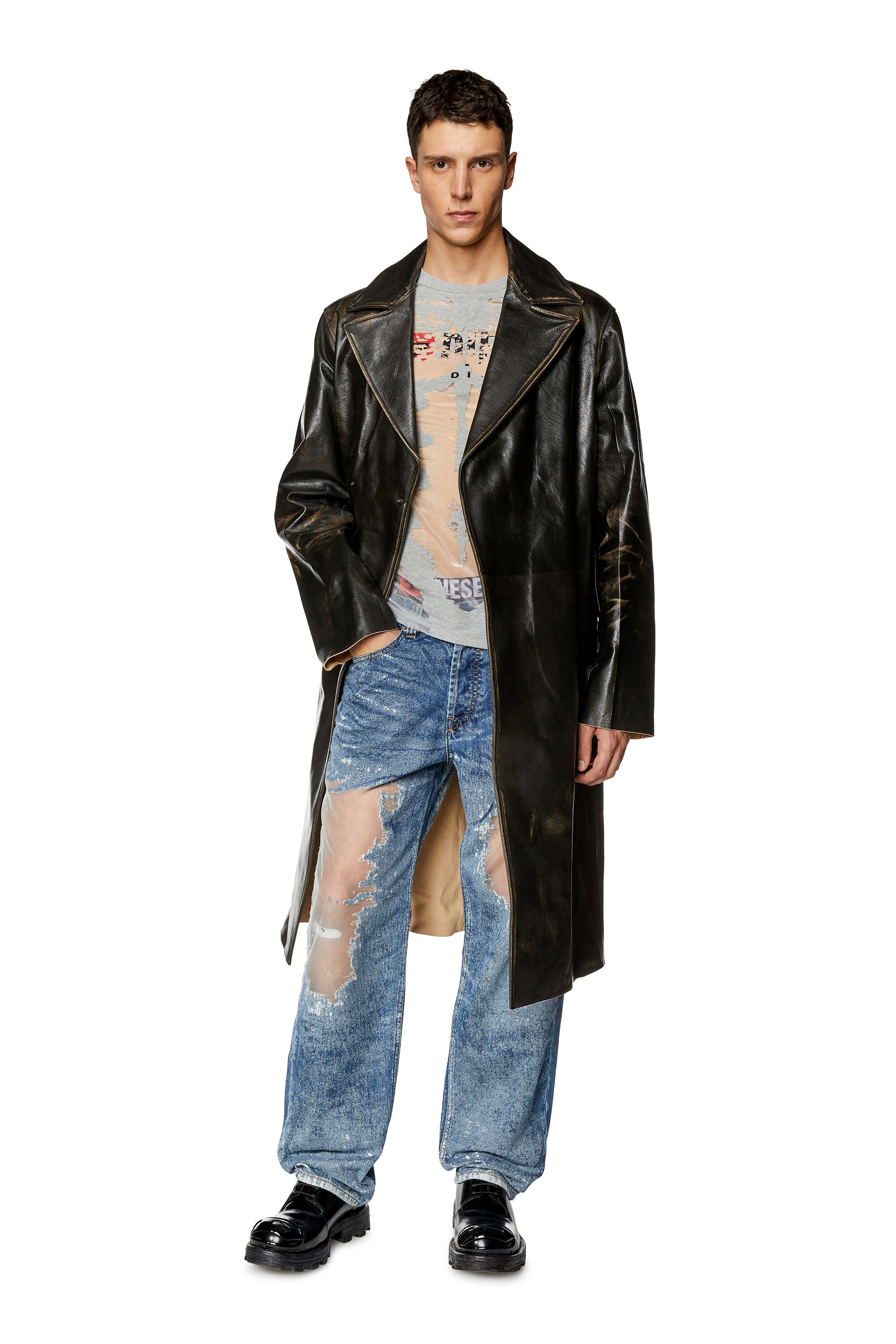 Men's Distressed leather trench coat | Brown | Diesel