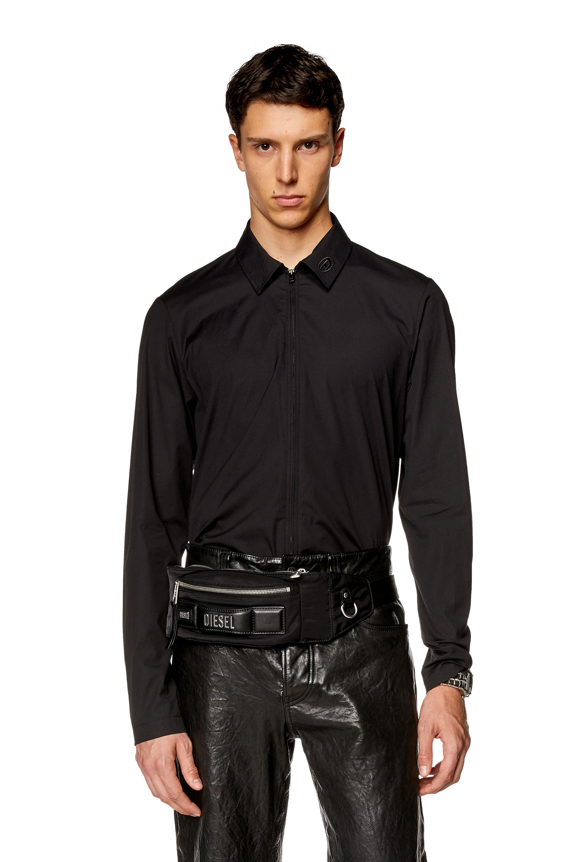 Camisa con cremallera con logotipo bordado Hombre Negro Diesel