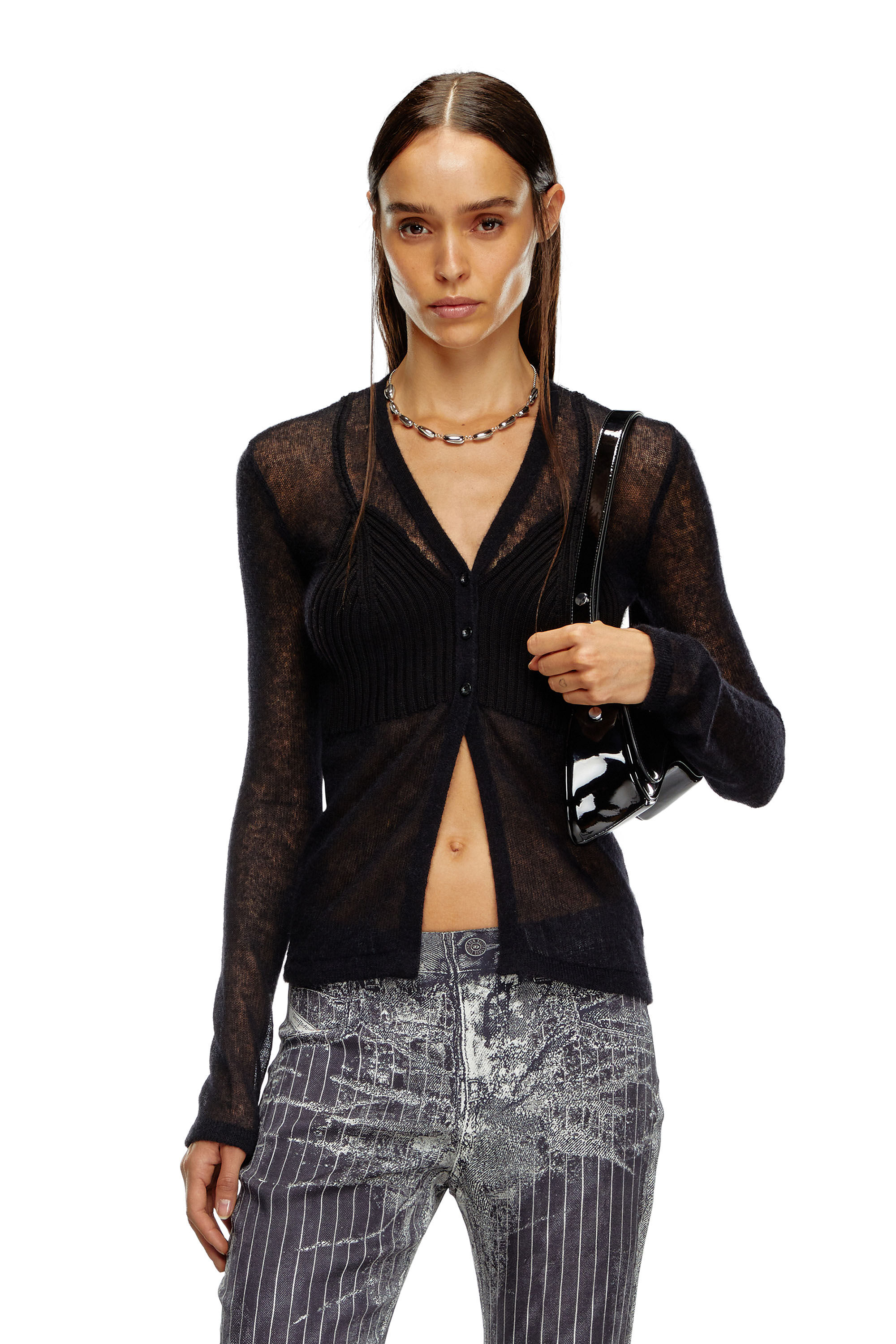 Diesel - M-ARINA, Woman's Sheer cardigan with bra detail in Black - 3