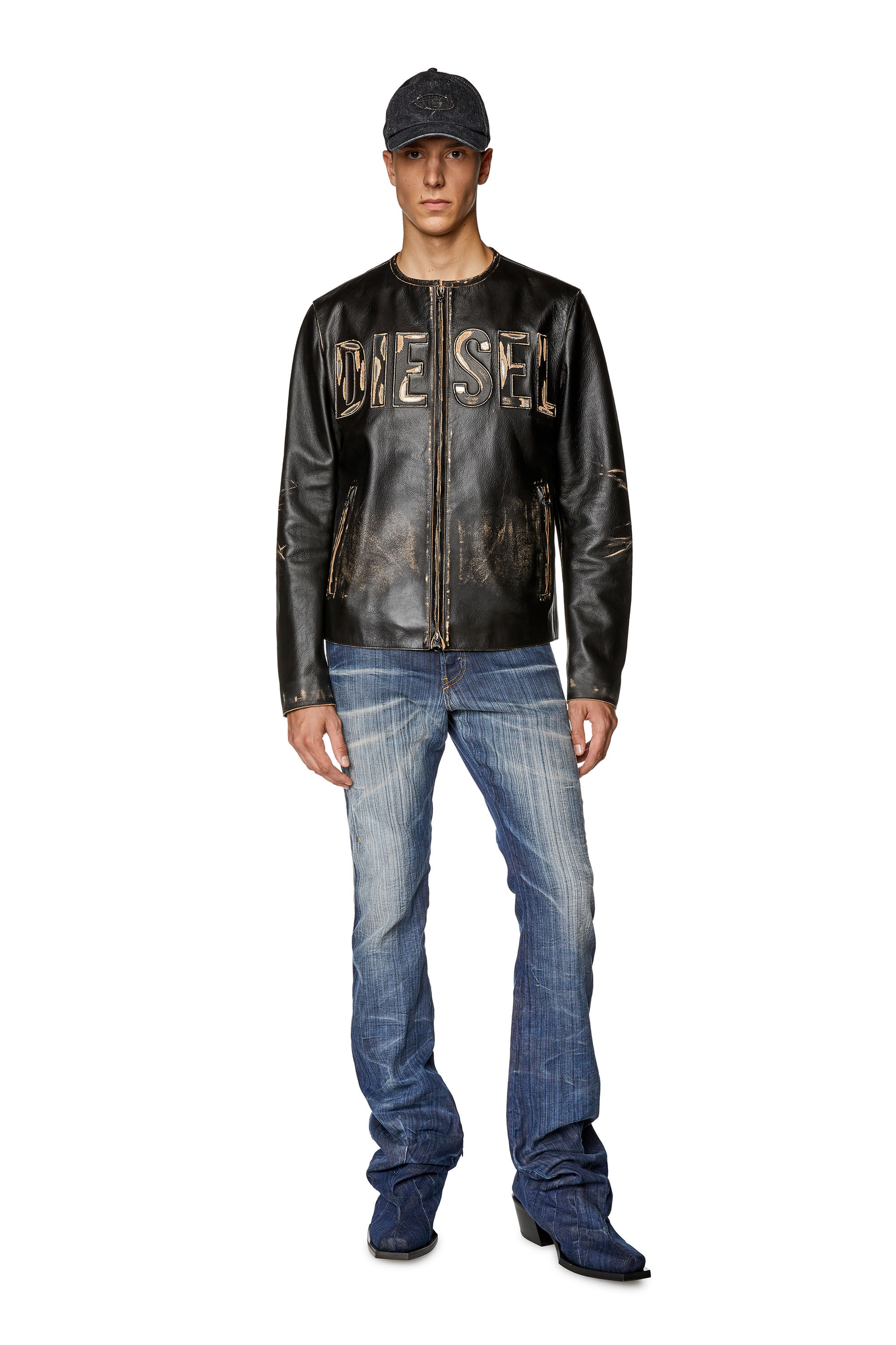 Men's Distressed leather jacket with metal logo | Black | Diesel