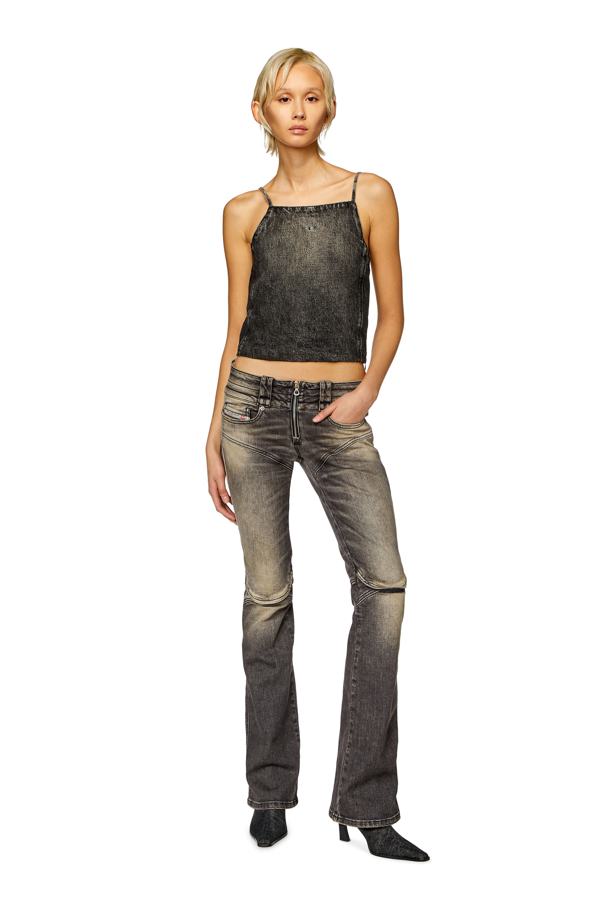 アイドル着用オフショルダー【JEANS】Smoked JerseyCropTop Women's Denim halterneck top in cotton and hemp | Black | Diesel