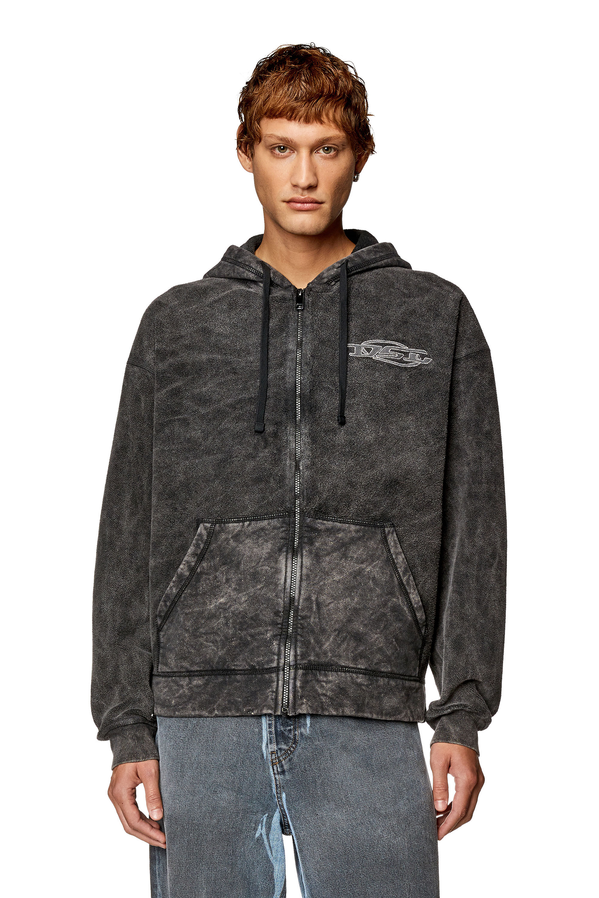 Men's Zip hoodie in marble-washed looped fleece | Black | Diesel