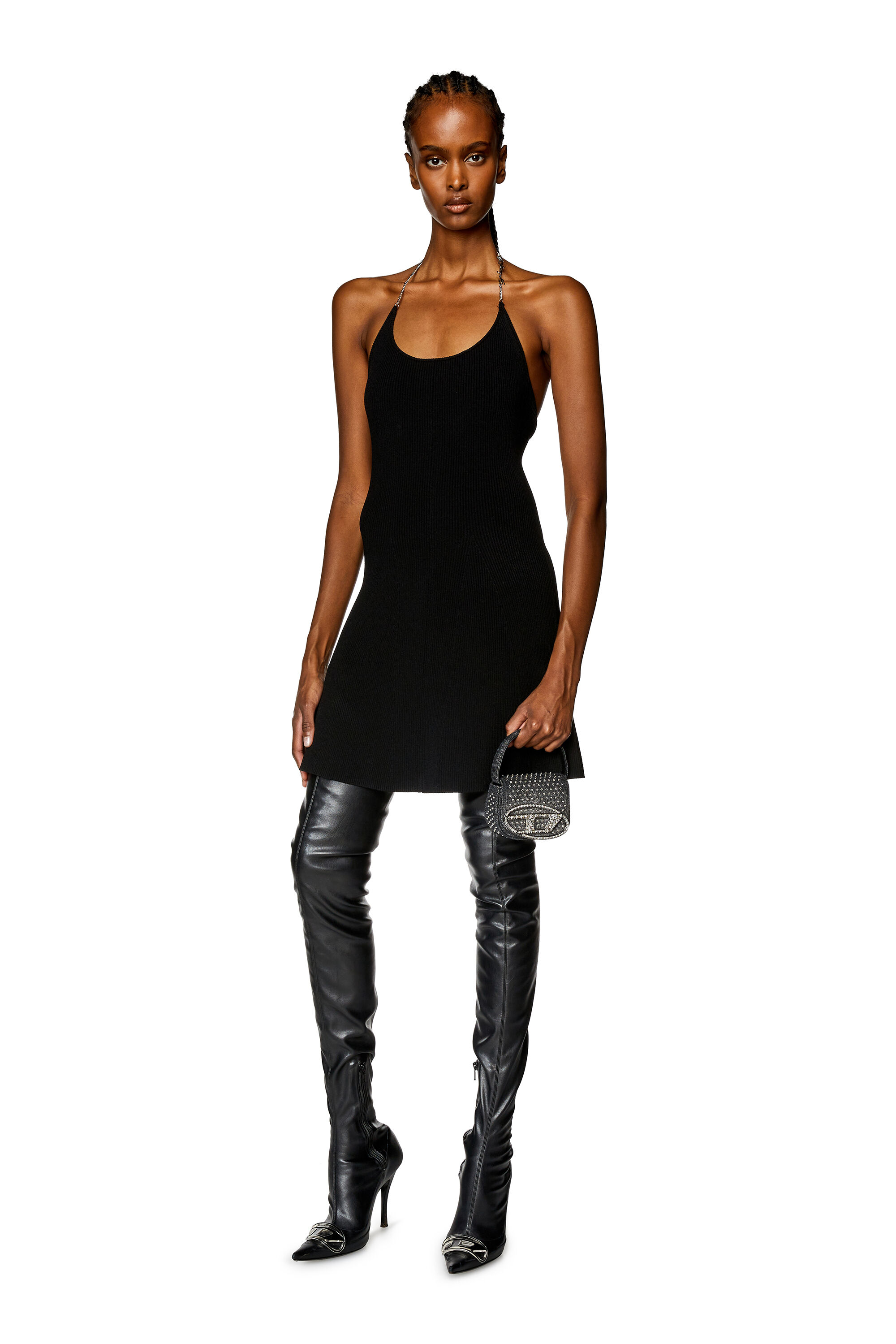 Women's Chain-halterneck dress in stretch knit | Black | Diesel