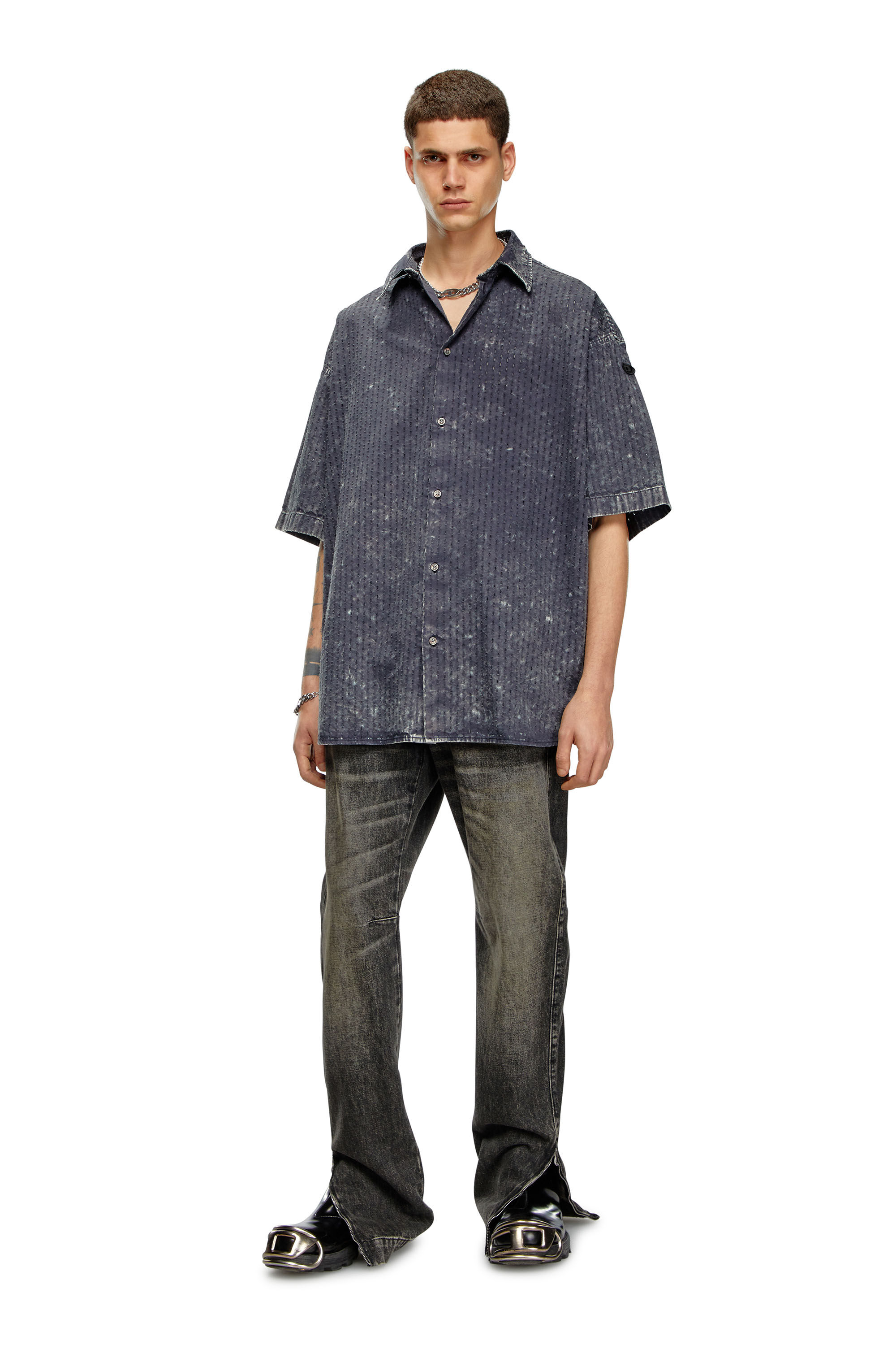 大人気新品 short-sleeve acid-wash Perforated Men's shirt Diesel | Grey | Clothing