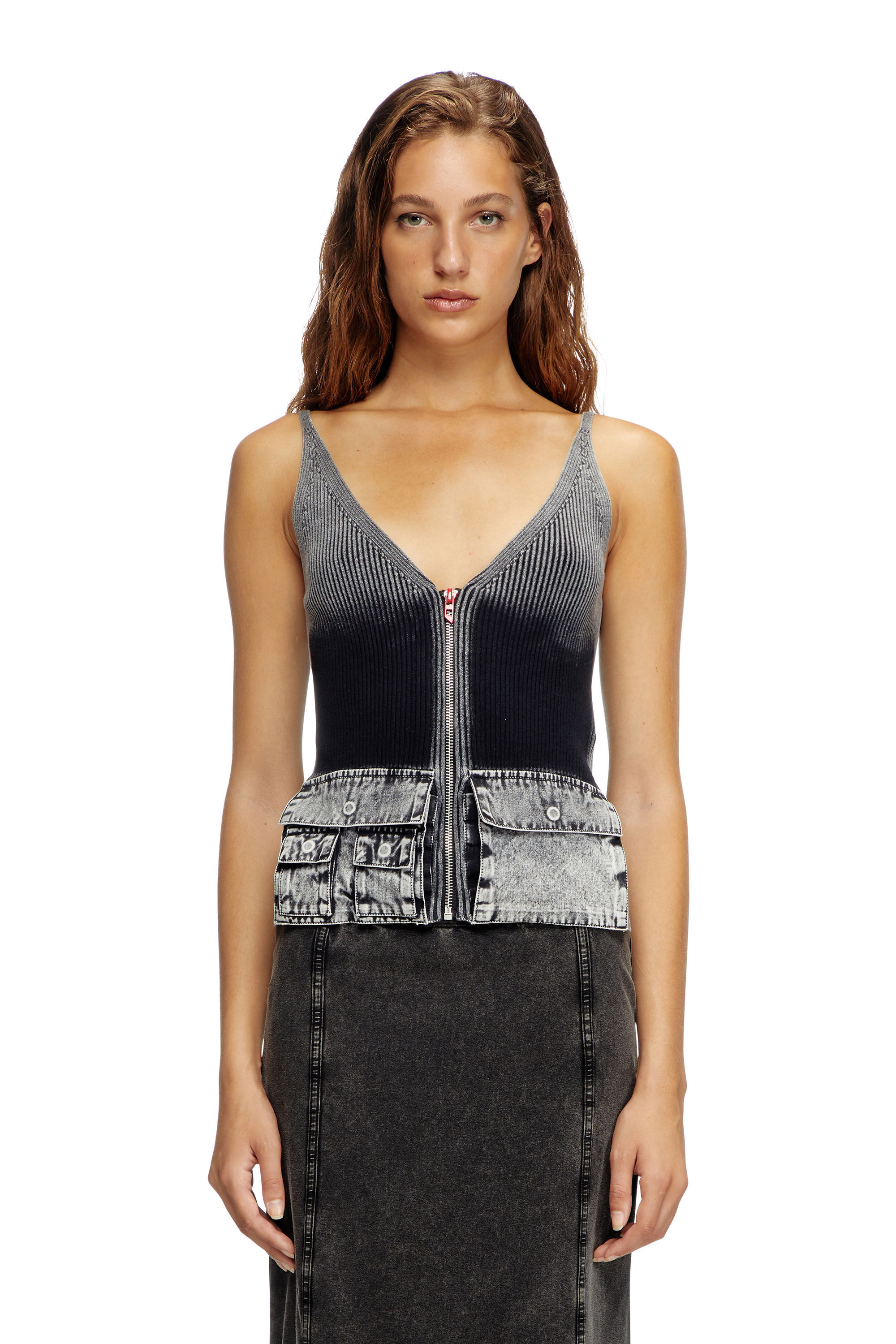 Women's Knit tank top with denim cargo pockets | Grey | Diesel