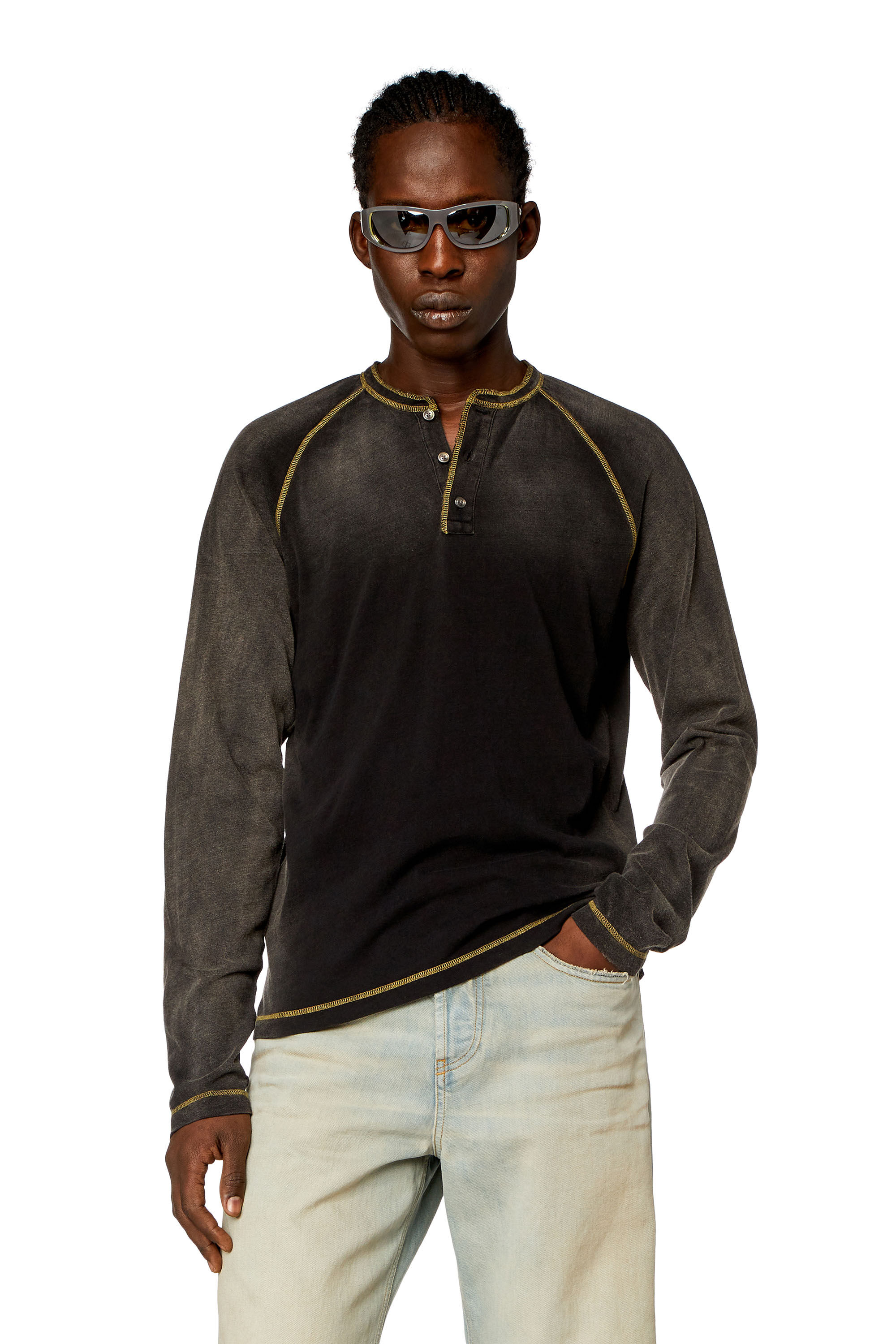 トップス DIESEL Sun-faded longsleeve Henley Tee Men's Henley T-shirt with sun-faded effect | Blue | Diesel