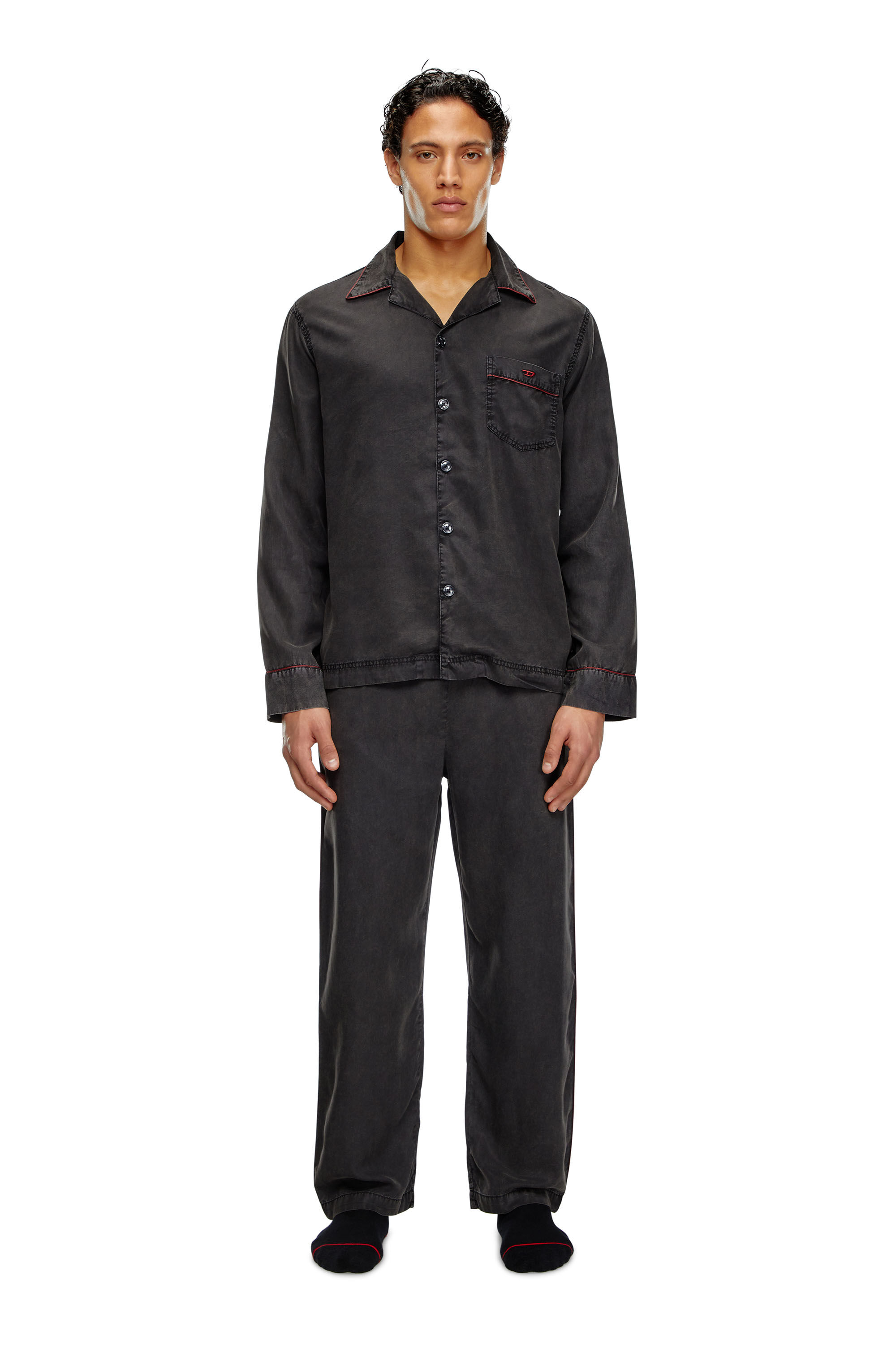 Diesel - UMSET-LOOMY, Pijama largo con ribetes en contraste Hombre in Negro - 3