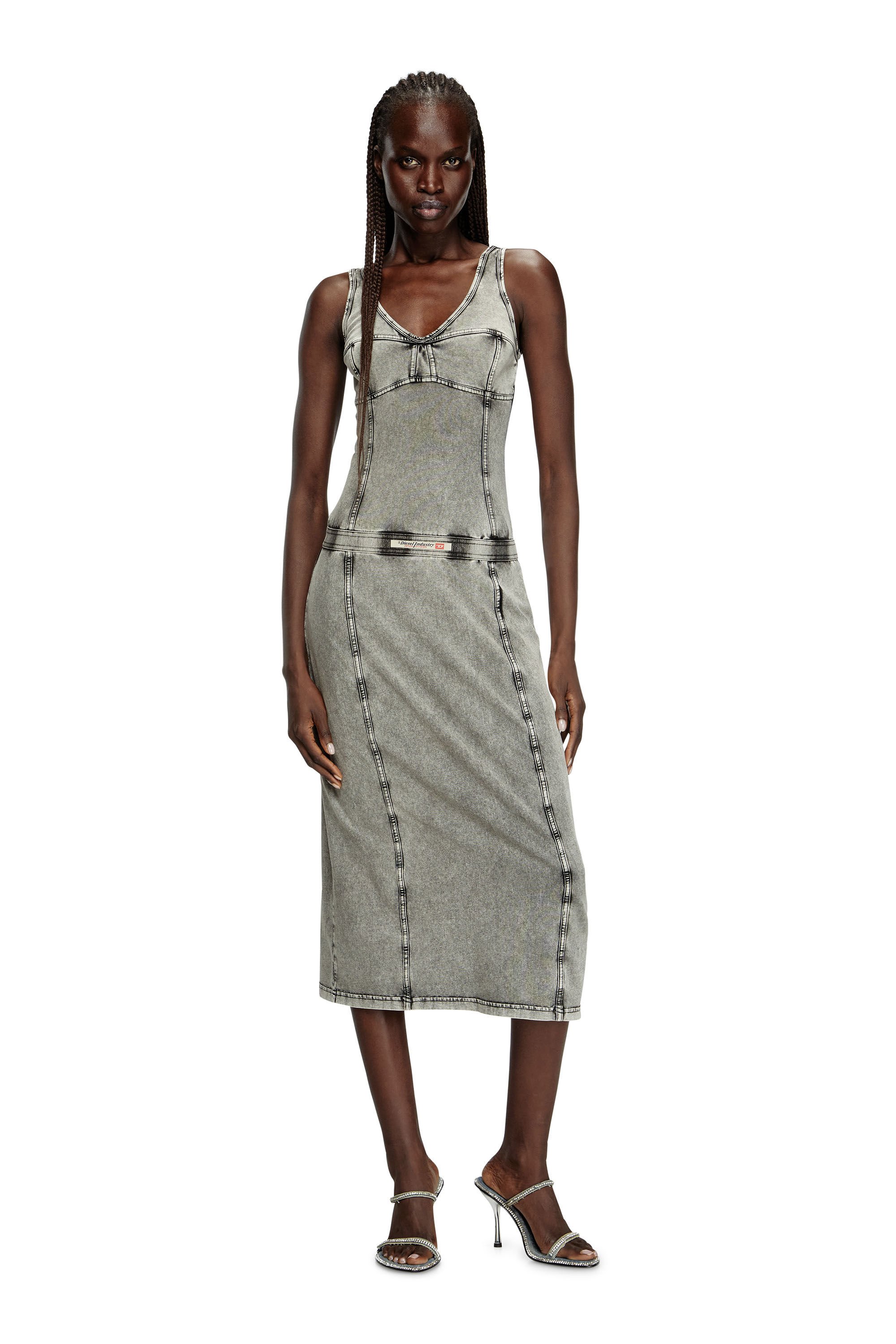 Diesel - D-INNY, Vestido midi sin mangas con efecto denim Mujer in Gris - 1