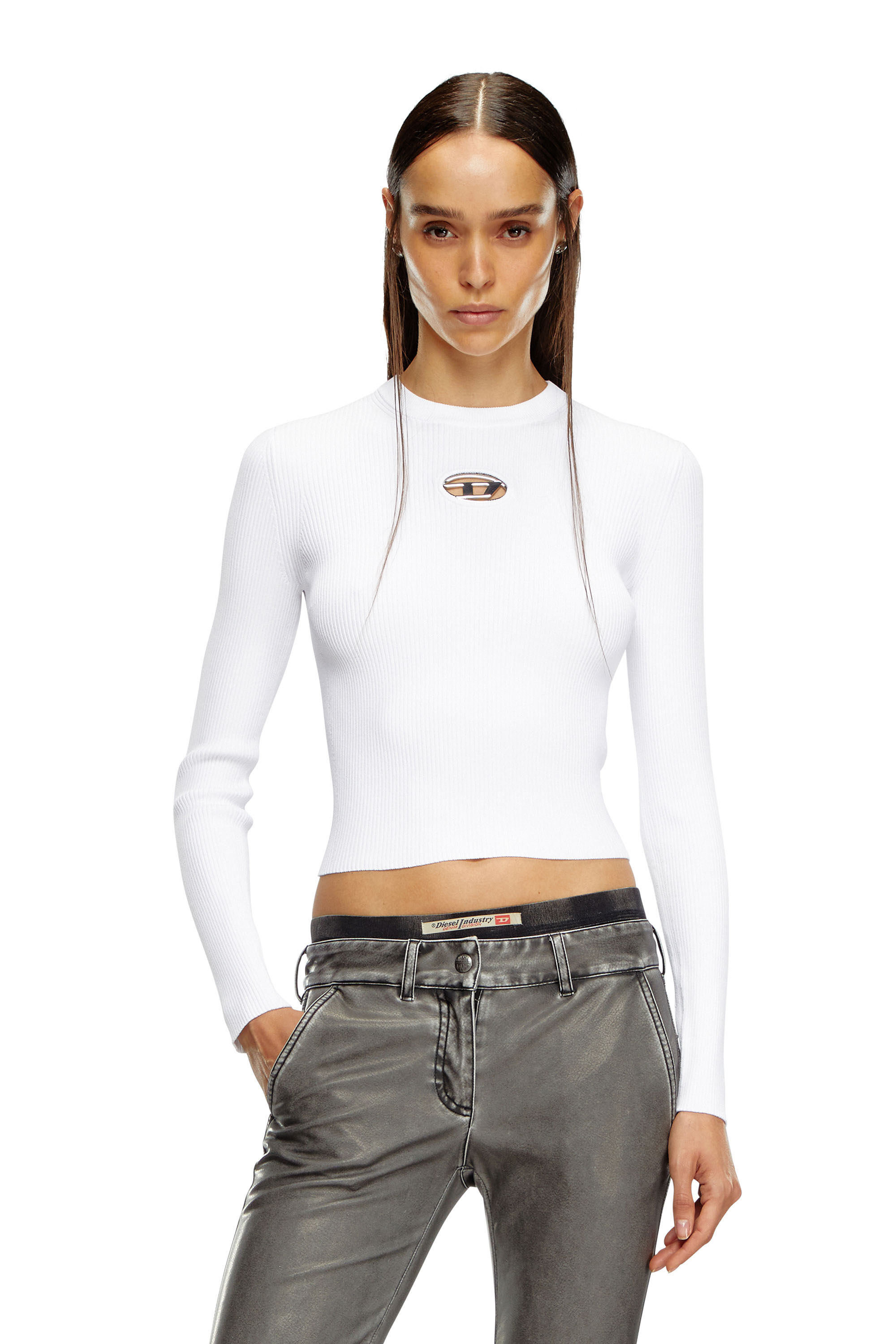 Women's Rib-knit viscose-blend top with Oval D | White | Diesel