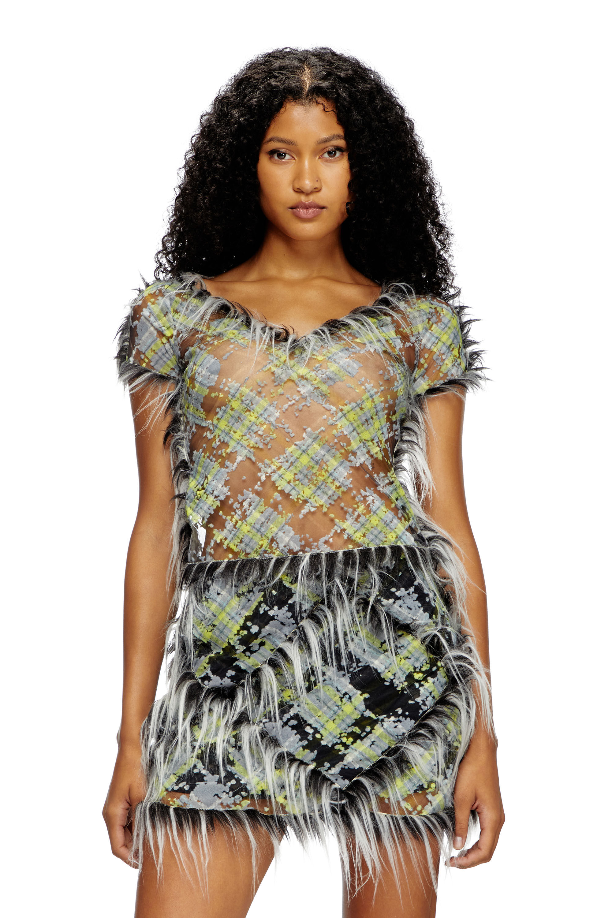 Diesel - T-UFFY, Woman's Cropped top in fuzzy devoré check tulle in Black/Green - 3