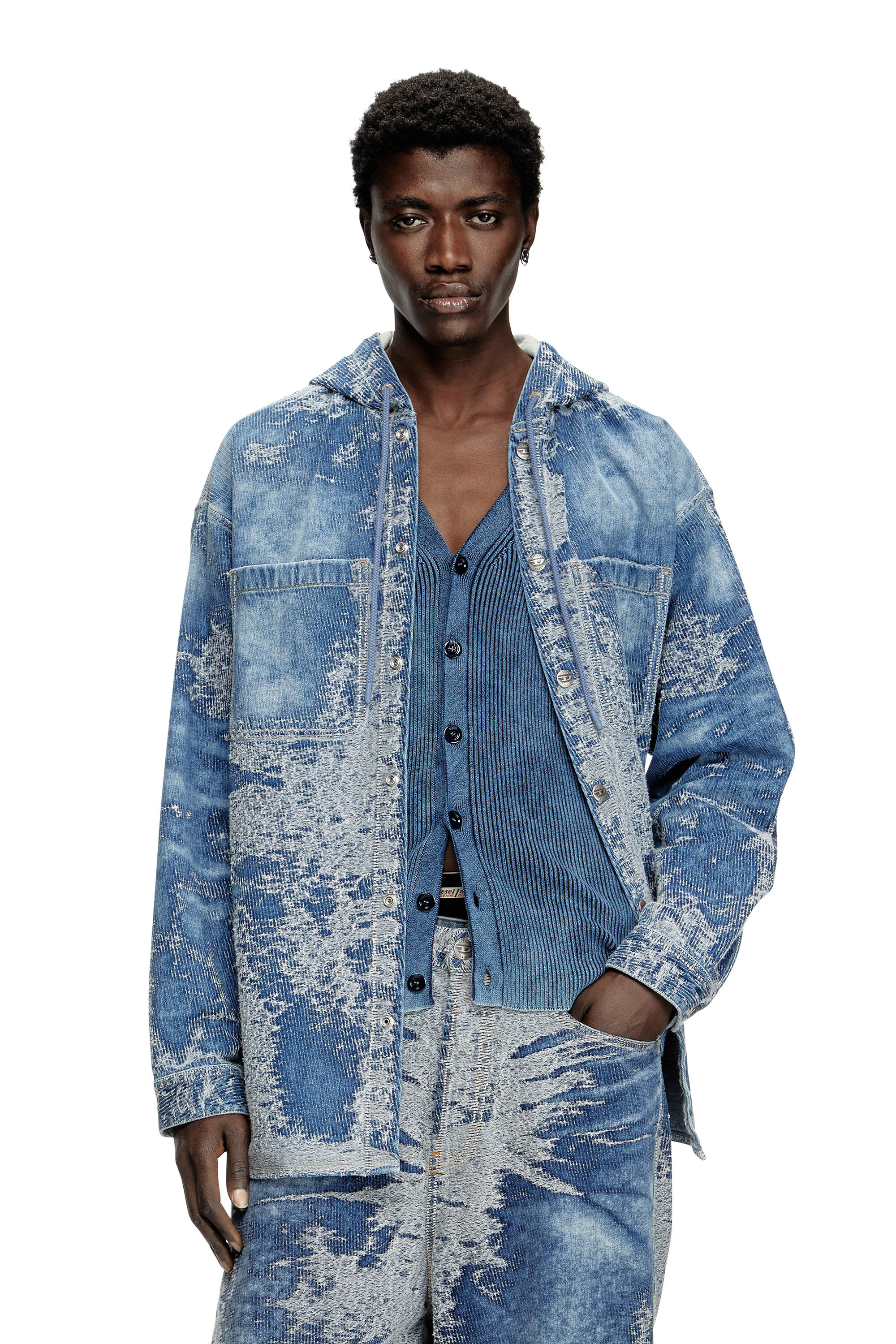 Men's Overshirt in distressed jacquard denim | Blue | Diesel