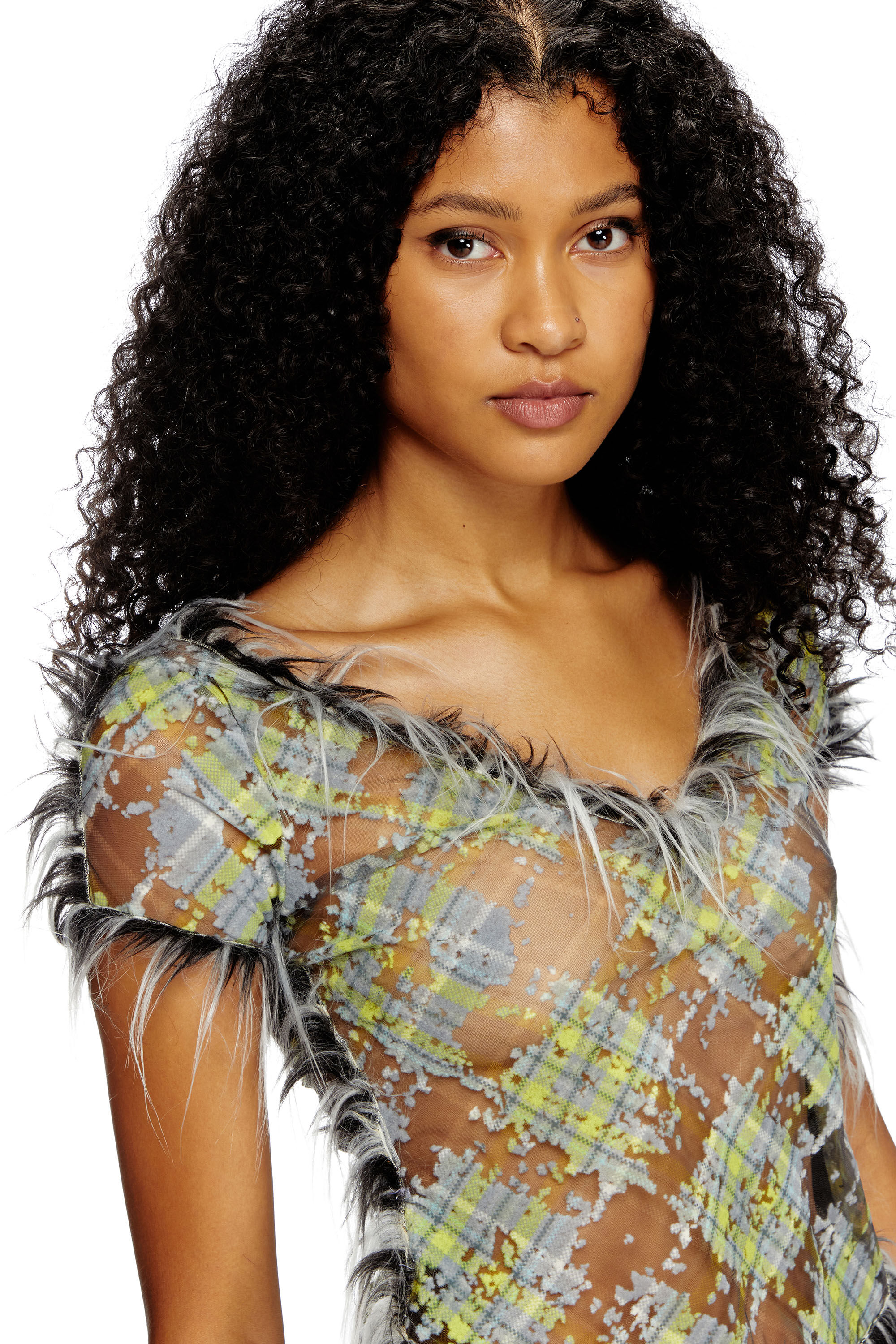 Diesel - T-UFFY, Woman's Cropped top in fuzzy devoré check tulle in Black/Green - 4