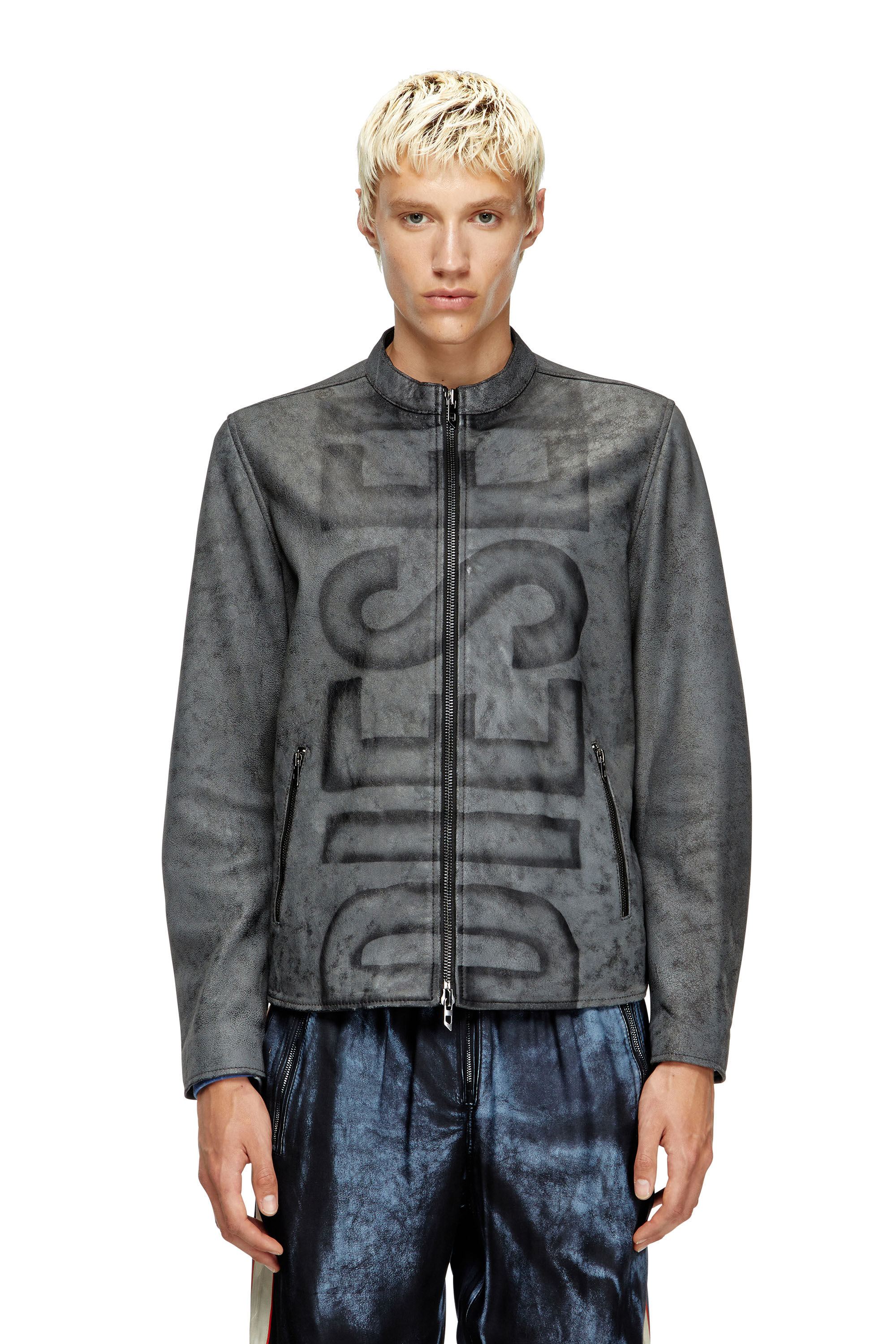 Diesel - L-EVERT-A, Man's Treated leather biker jacket with faded logo in Grey - 3