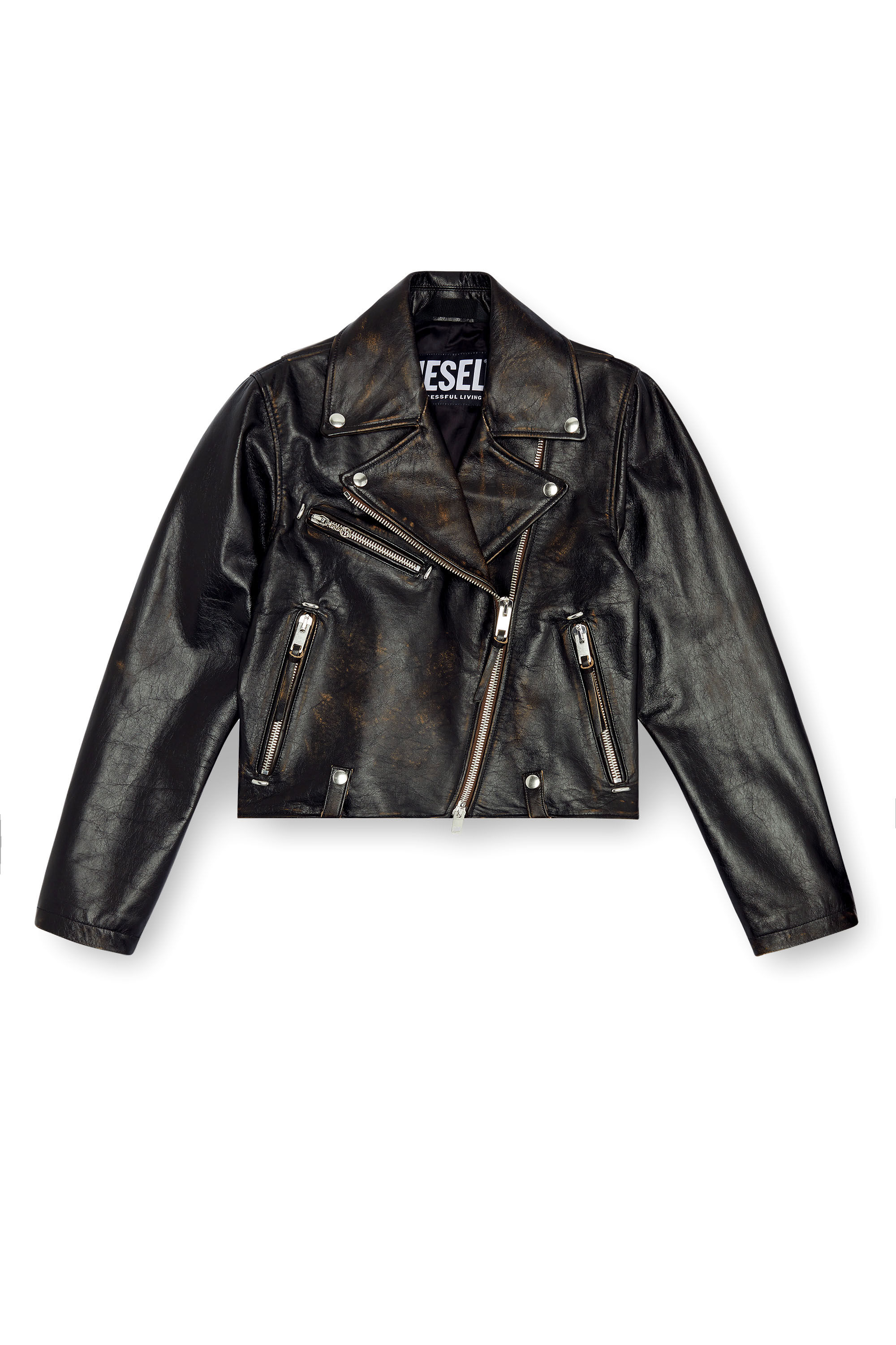 Diesel - L-EDMEA-CL, Chaqueta biker de cuero tratado Mujer in Negro - 2
