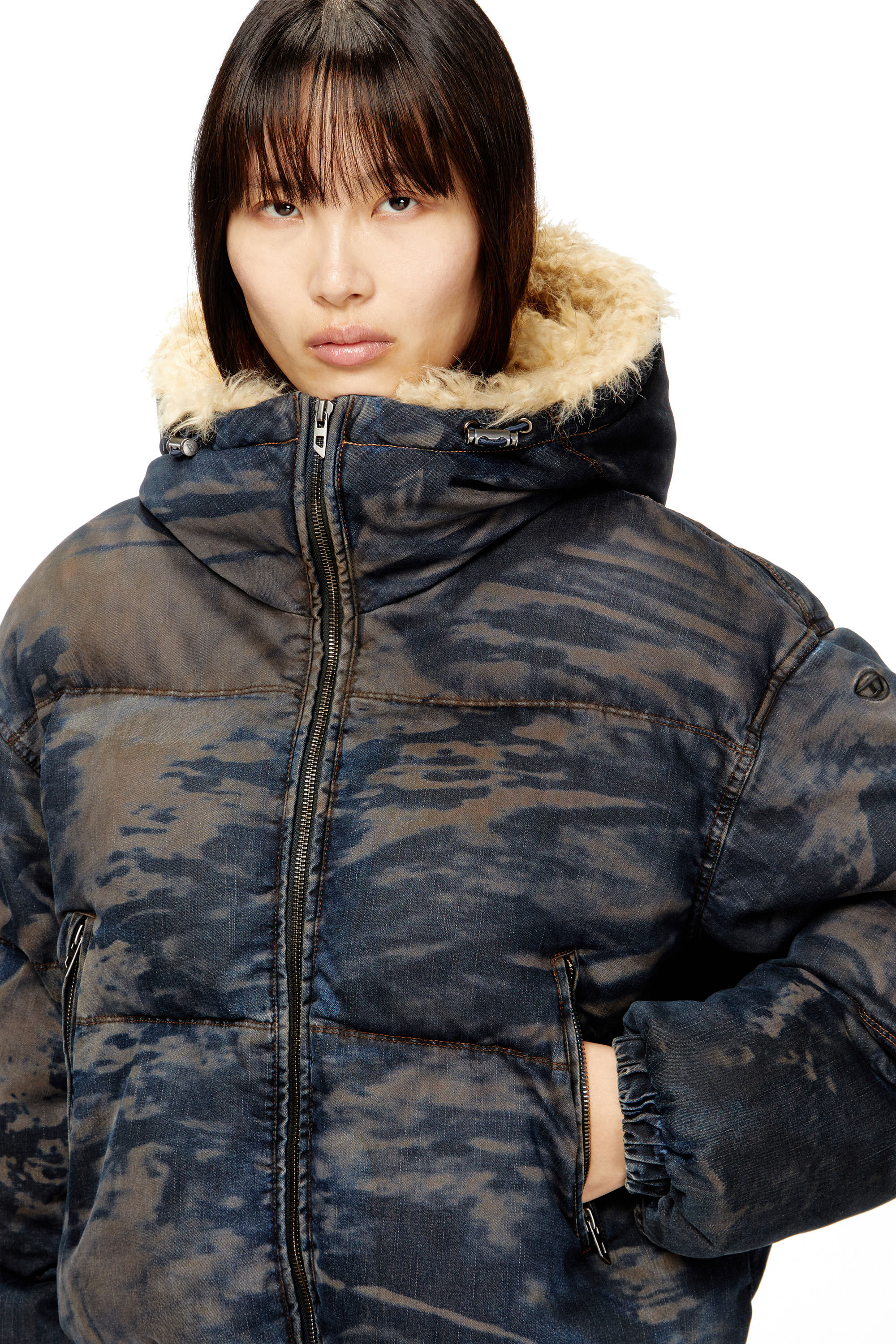 Diesel - W-AVES-FUR, Woman's Hooded puffer jacket in dirt-effect camo denim in Black/Brown - 4