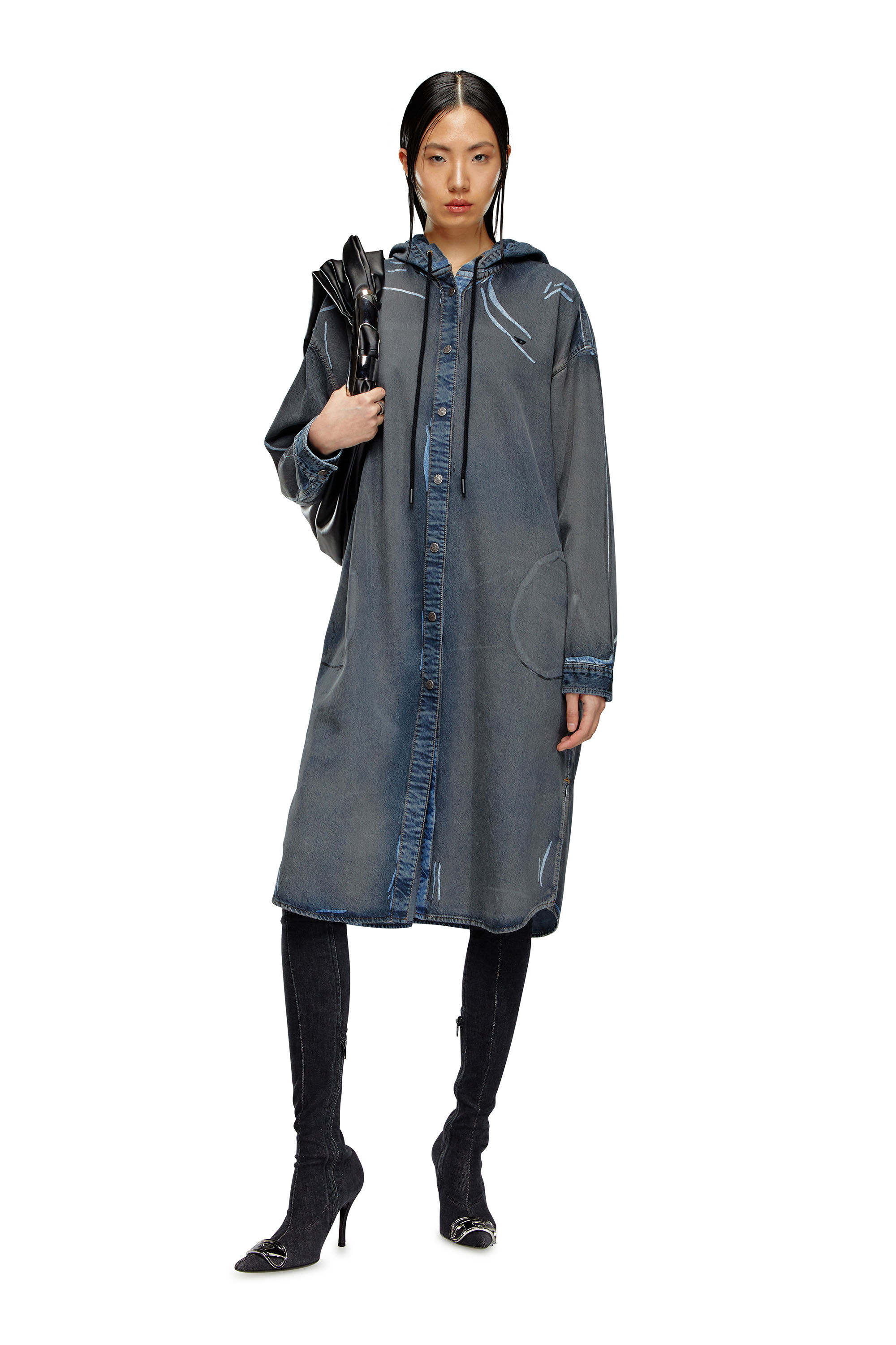 Women's Shirt dress in worn-effect coated denim | Blue | Diesel
