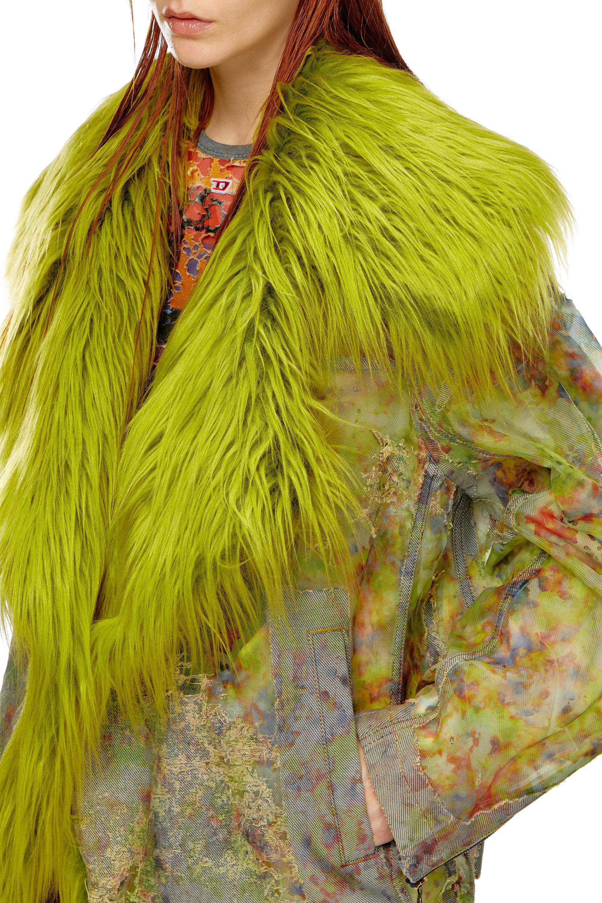 【PORTERNA】Debbie shirring jacket Women's Printed devoré jacket with shaggy collar | Green
