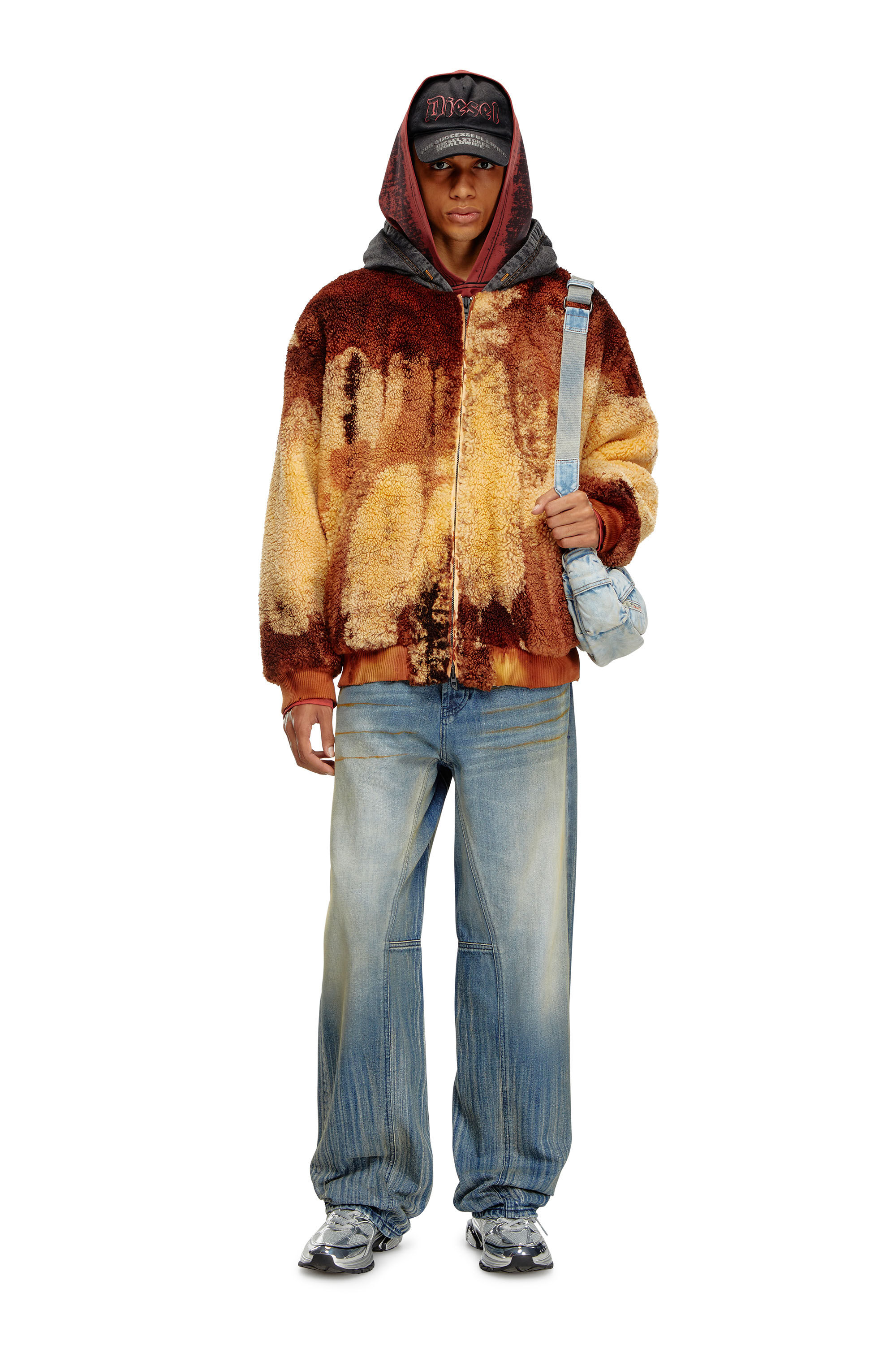 Diesel - S-DEPLA, Man's Tie-dyed teddy jacket with denim hood in Brown/Yellow - 1