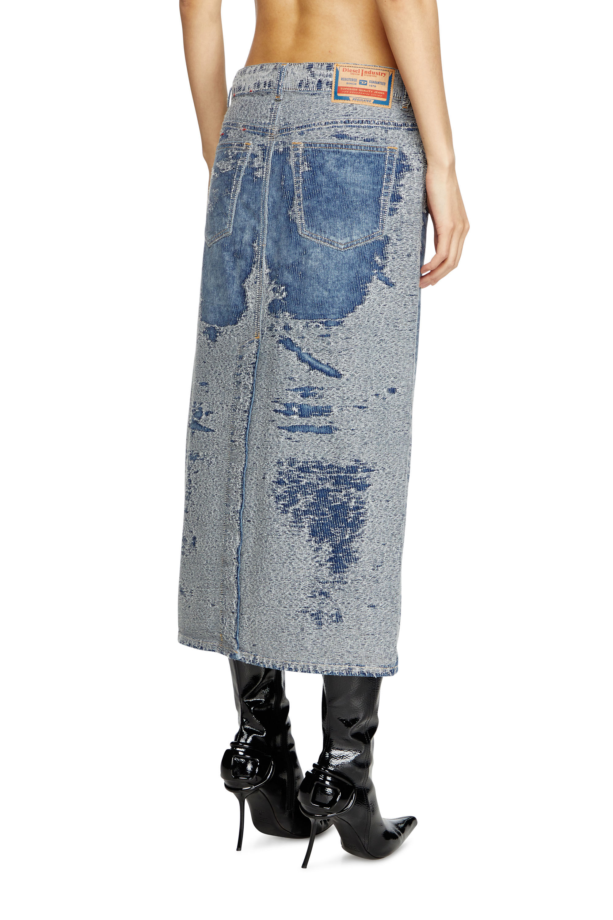 【DIESEL】 Midi skirt in devore denim with logo Women's Midi skirt in distressed jacquard denim | Blue | Diesel