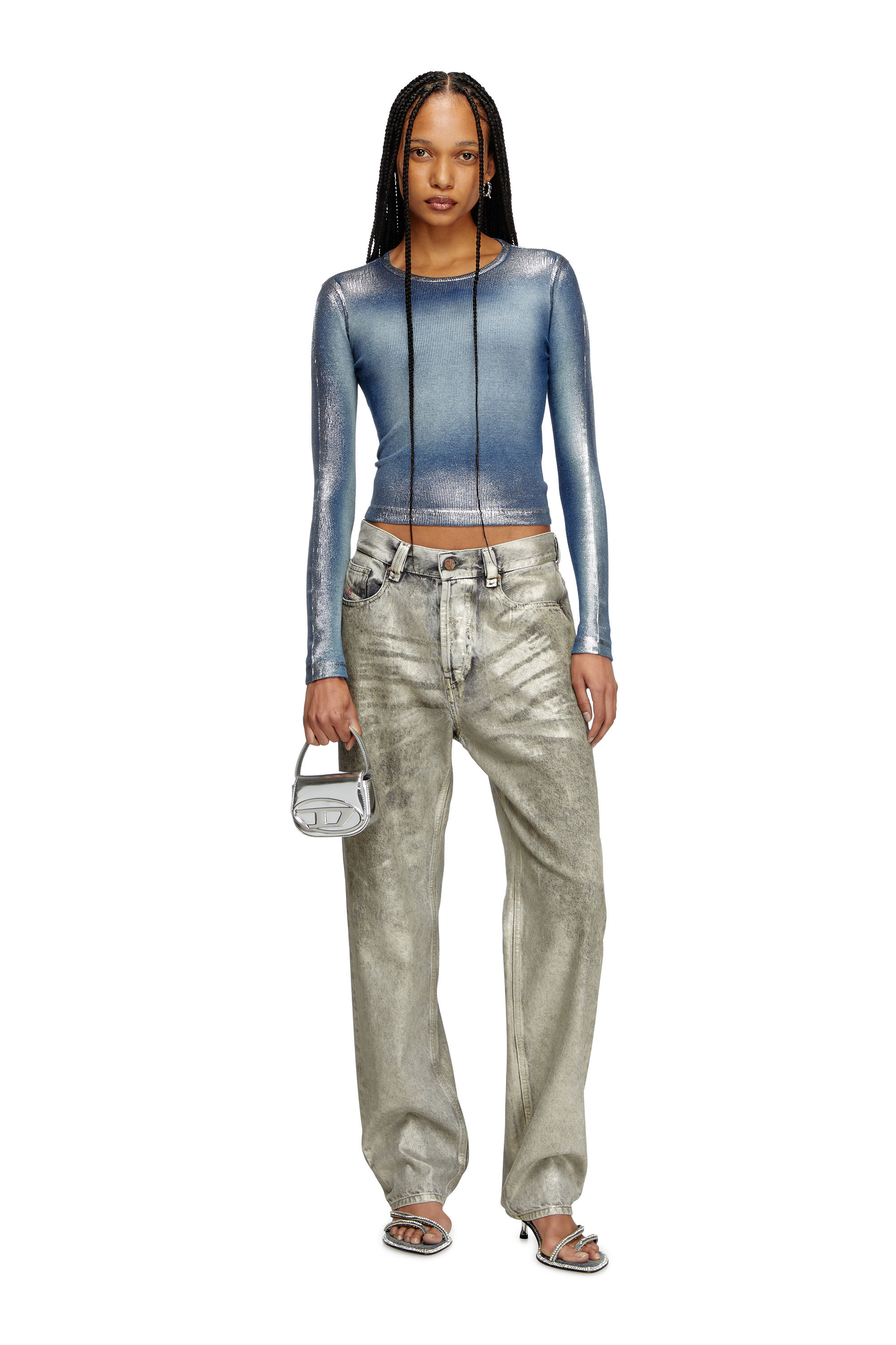 Diesel - T-BANES-NC-Q1, Camiseta de manga larga metálica desteñida Mujer in Azul marino - 1