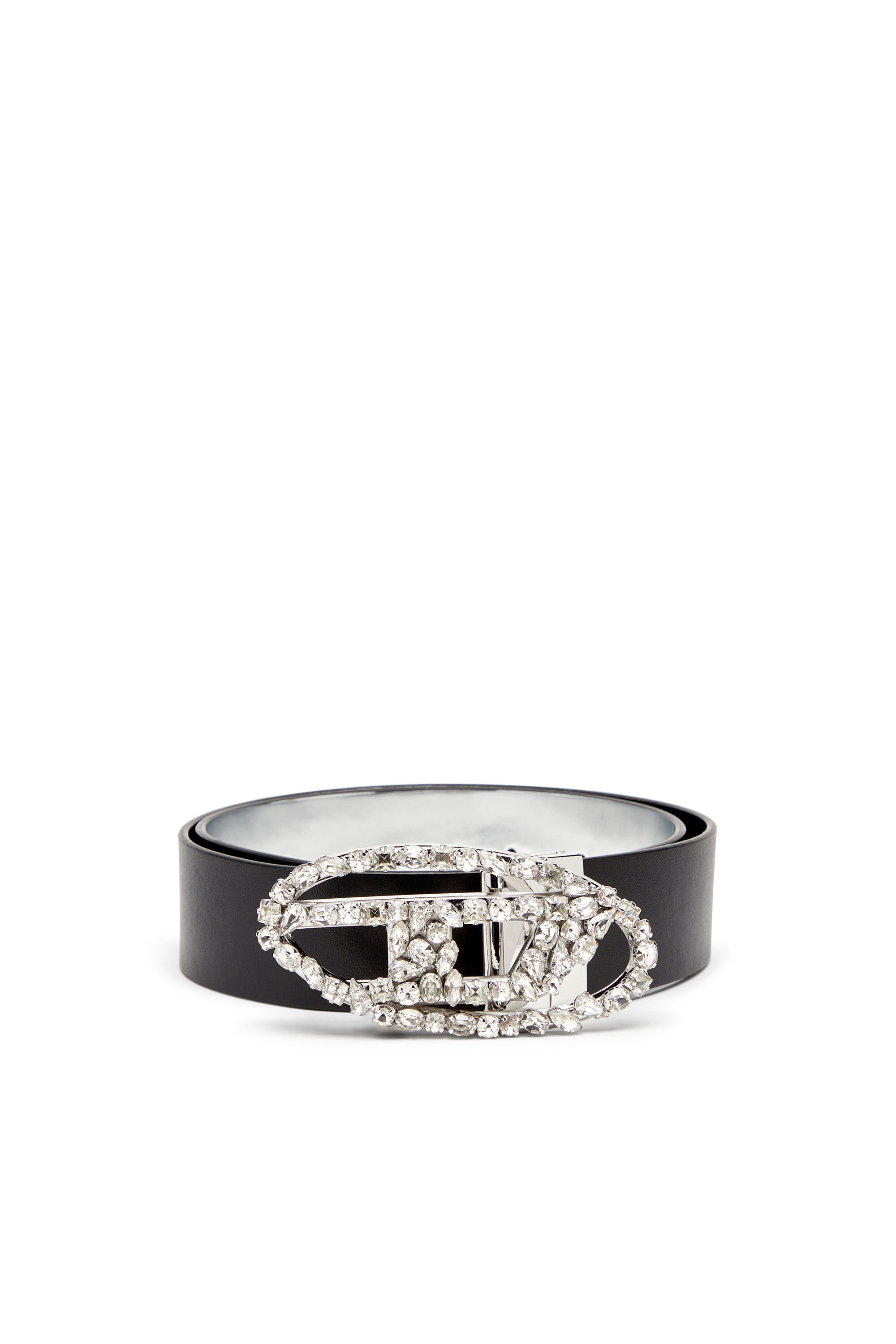 Women's Leather belt with crystal logo buckle | Black | Diesel