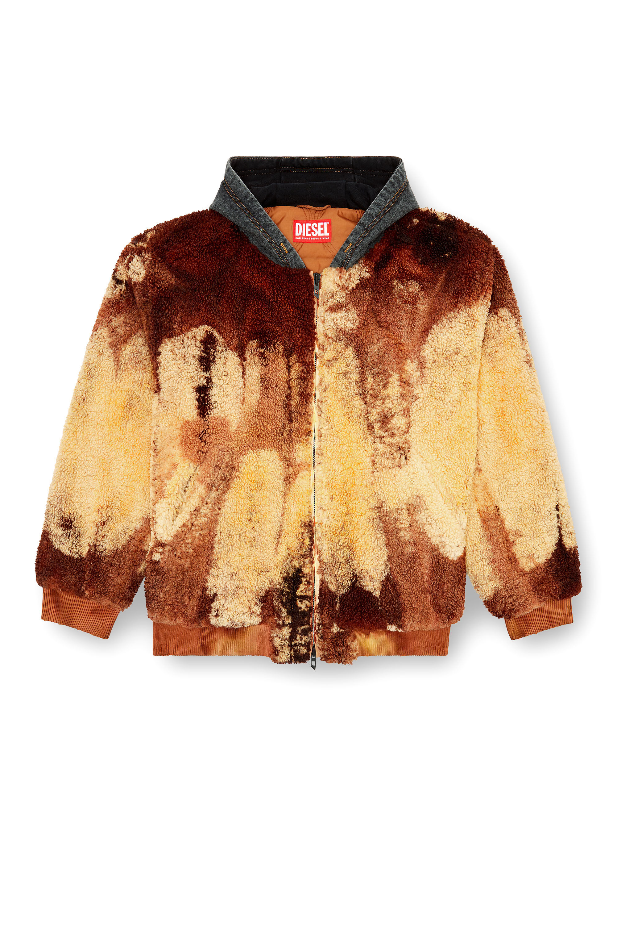 Diesel - S-DEPLA, Man's Tie-dyed teddy jacket with denim hood in Brown/Yellow - 2