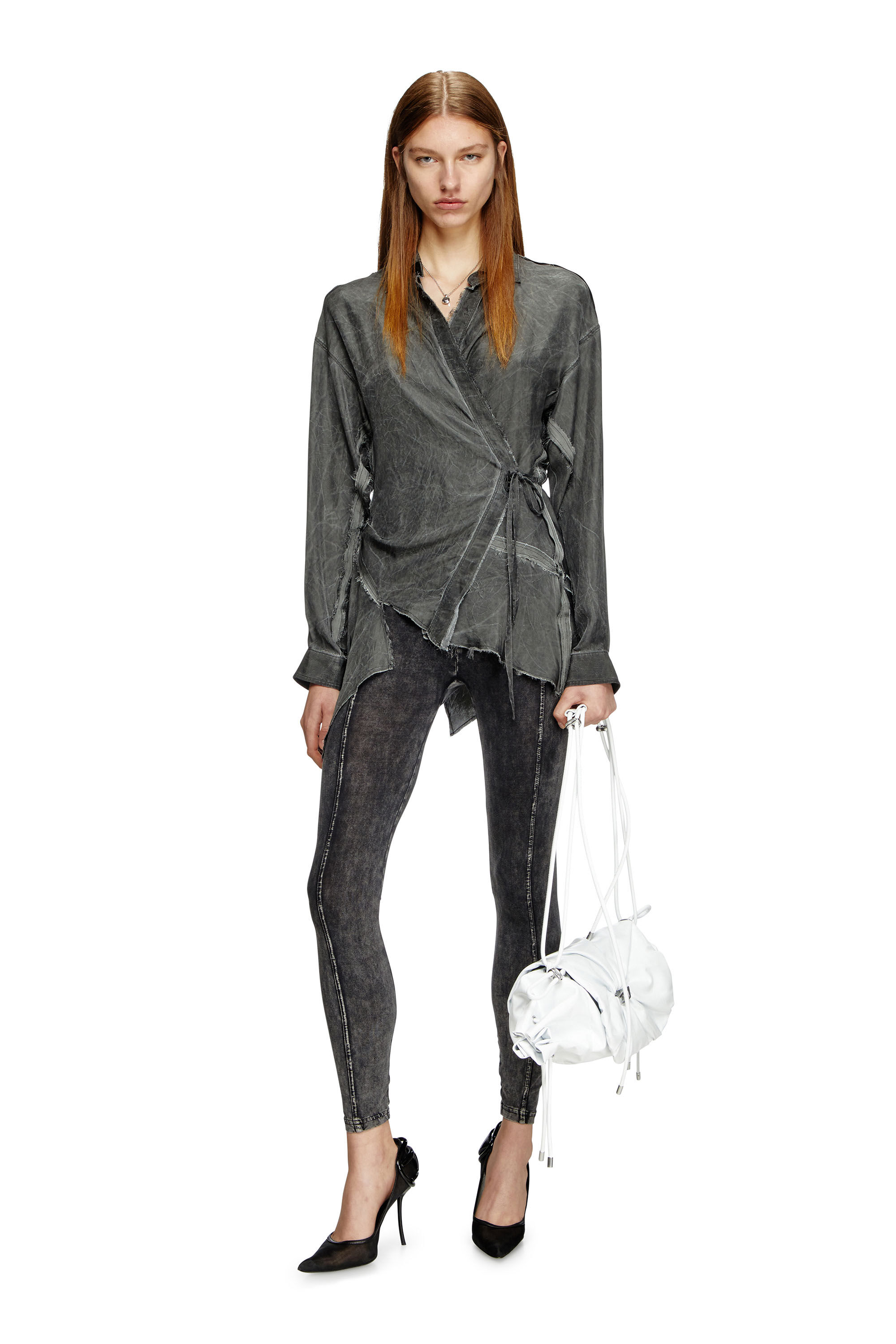 Diesel - C-RAZY-Q1, Falda envolvente asimétrica de sarga arrugada Mujer in Negro - 1