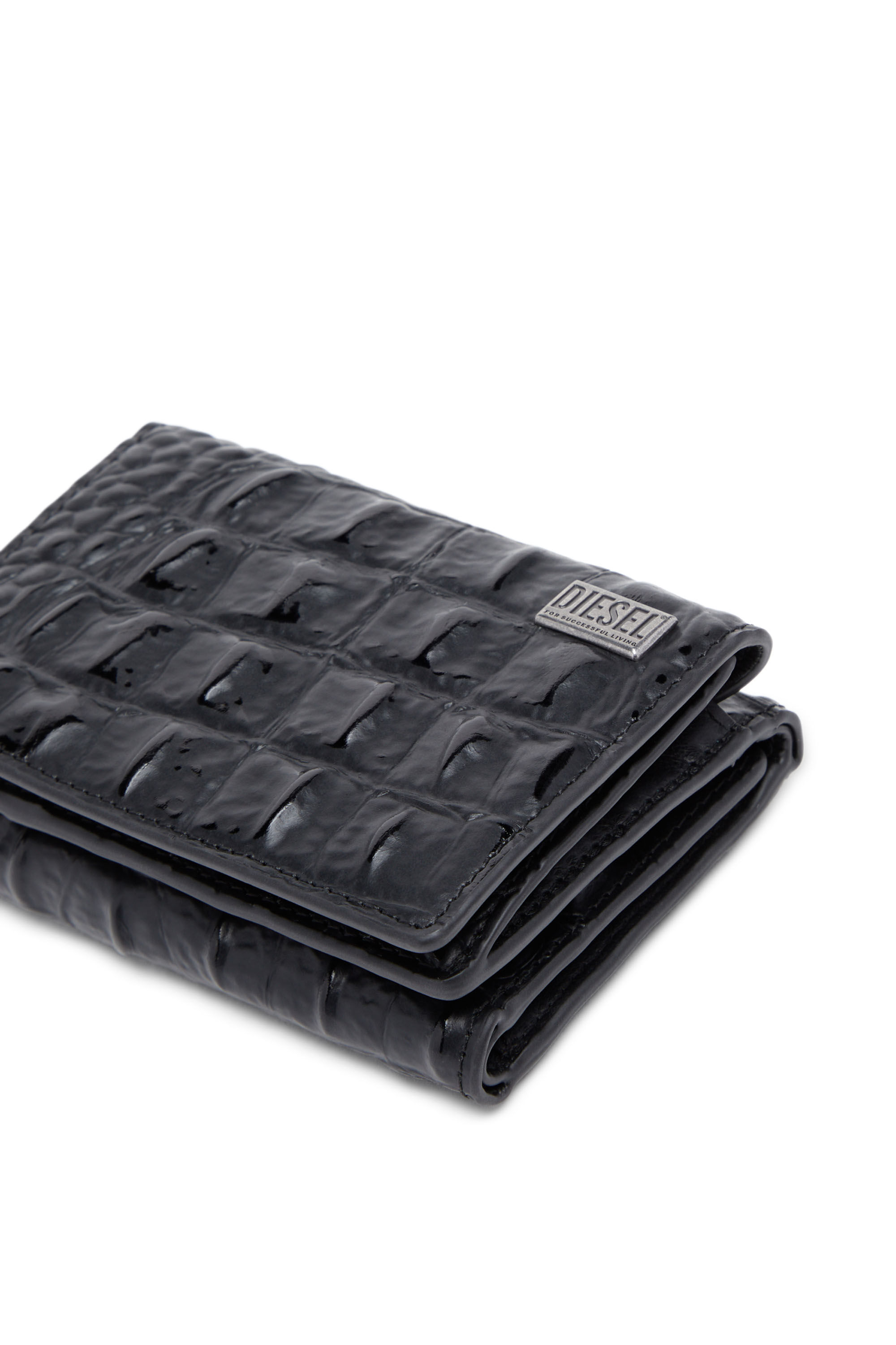 Diesel - TRI-FOLD COIN S, Cartera de piel efecto cocodrilo que se pliega en tres Hombre in Negro - 4