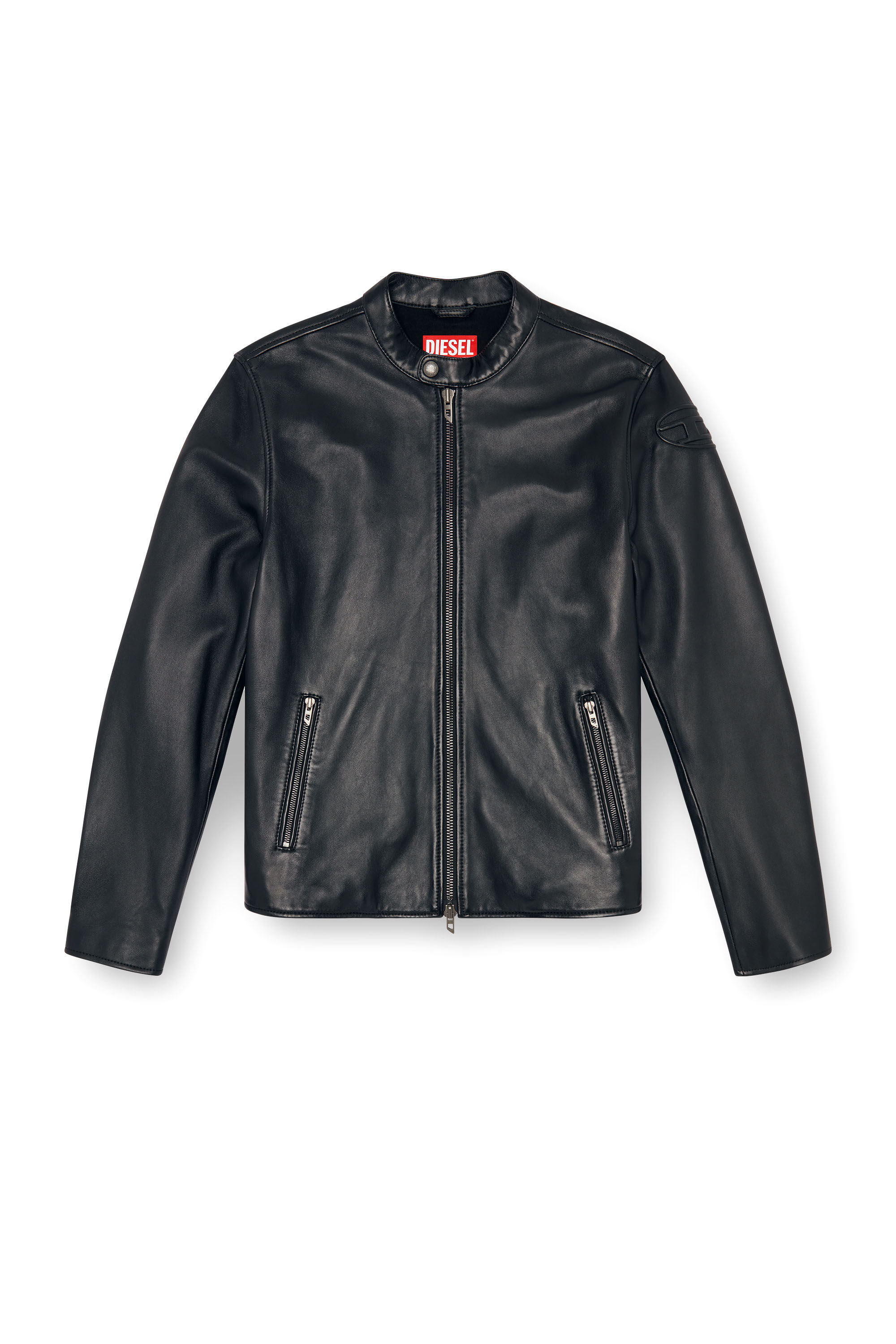 Men's Leather biker jacket with embossed logo | Black | Diesel